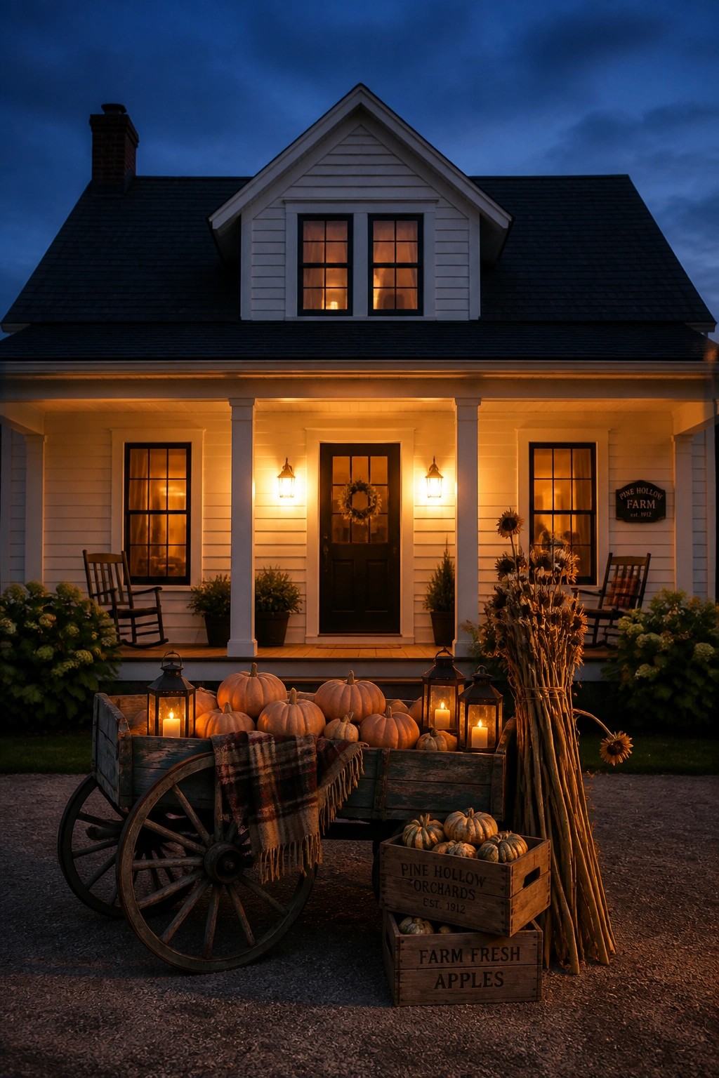 A white house with a dark roof and lit porch at dusk, with a wooden wagon holding pumpkins and lanterns positioned in front.
