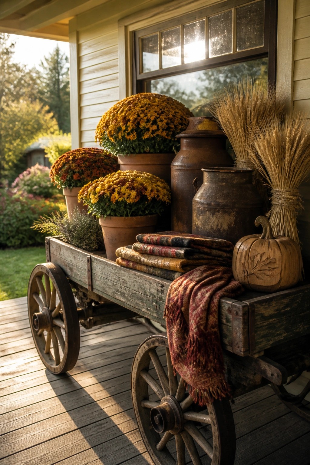 Rustic wooden wagon on porch with mums, rusty cans, wheat, blankets, and pumpkin