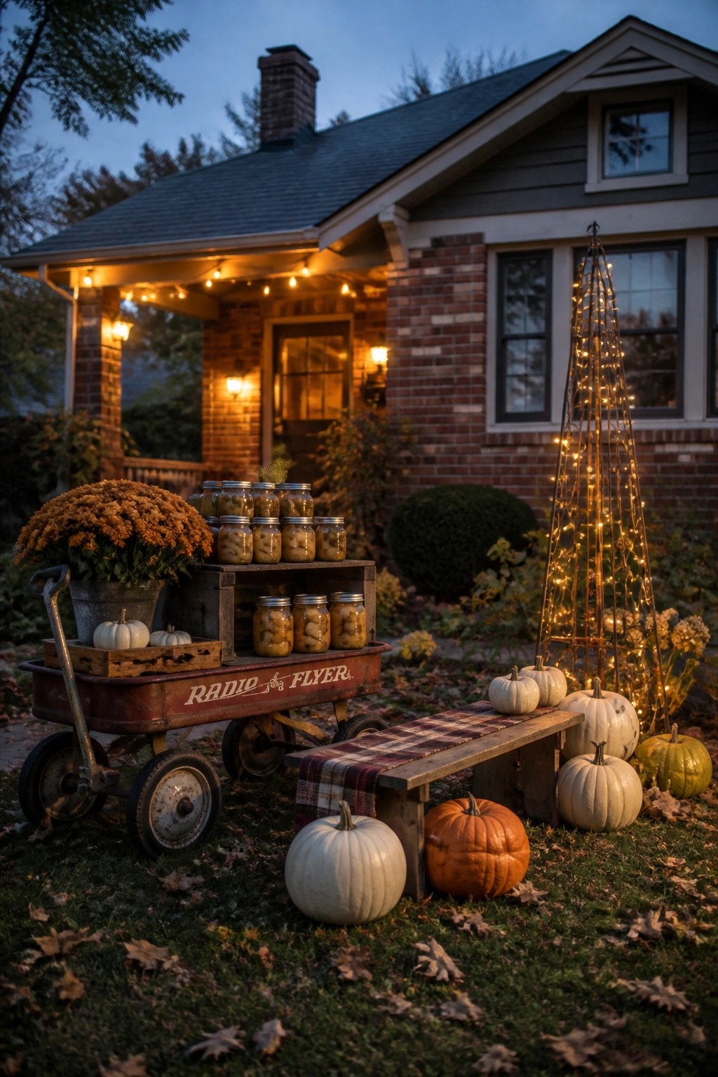 A red Radio Flyer wagon holds crates, glass jars, and small pumpkins on the lawn in front of a brick house with string lights and additional fall decorations.