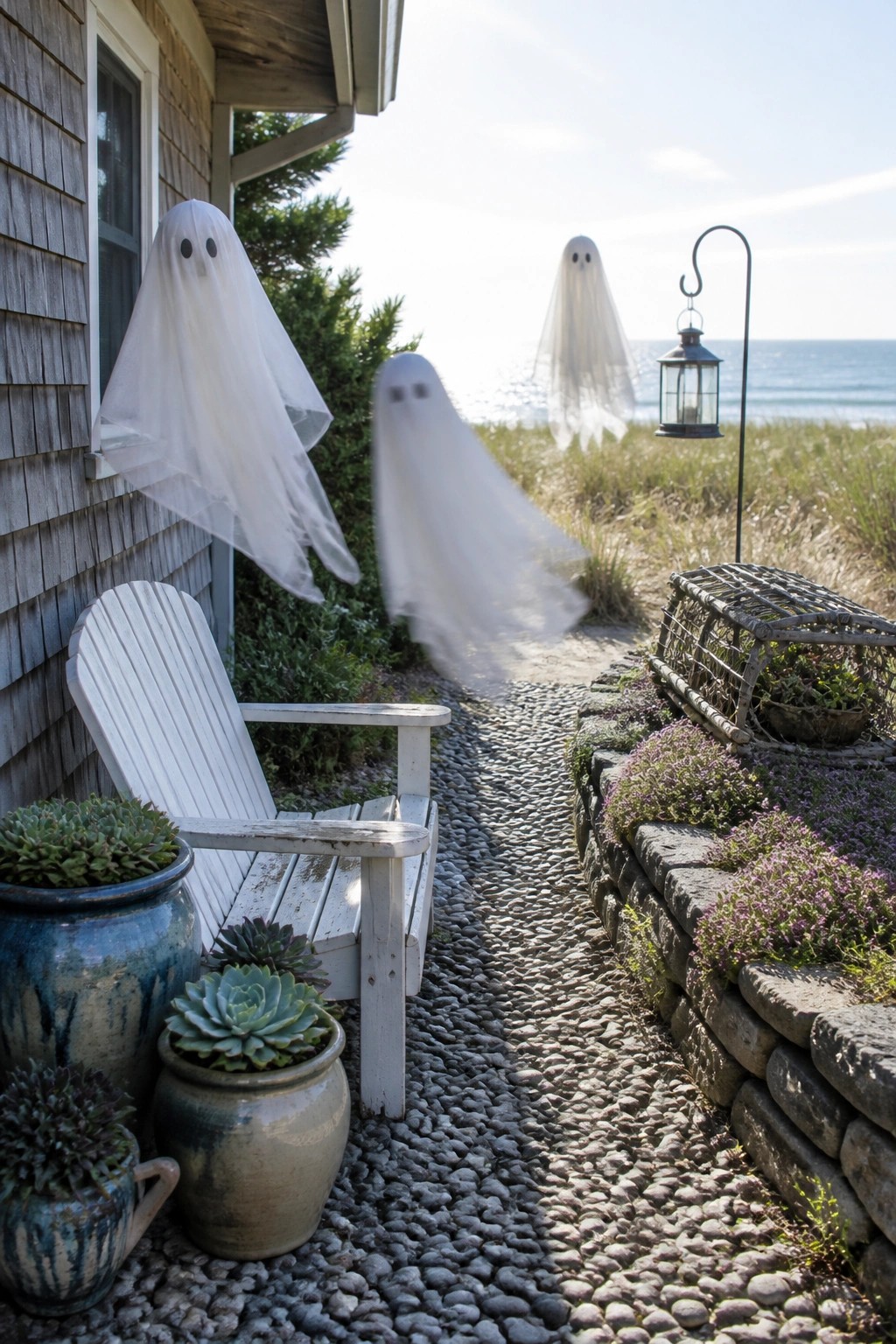Three white sheet ghosts with black eyes placed along a cobblestone path next to a shingled house, with one ghost attached to the exterior wall, one on the path, and one in the background.