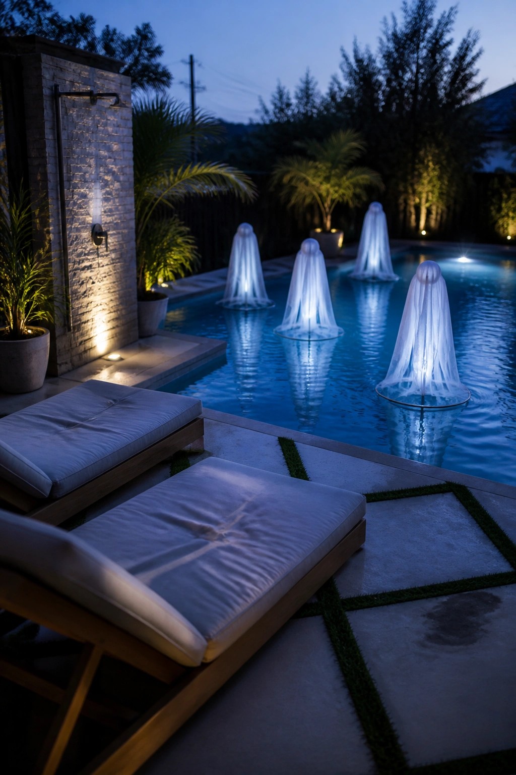 A nighttime view of a swimming pool with several illuminated ghost figures floating on the water, wooden lounge chairs on the patio, and a lit brick outdoor shower structure nearby.