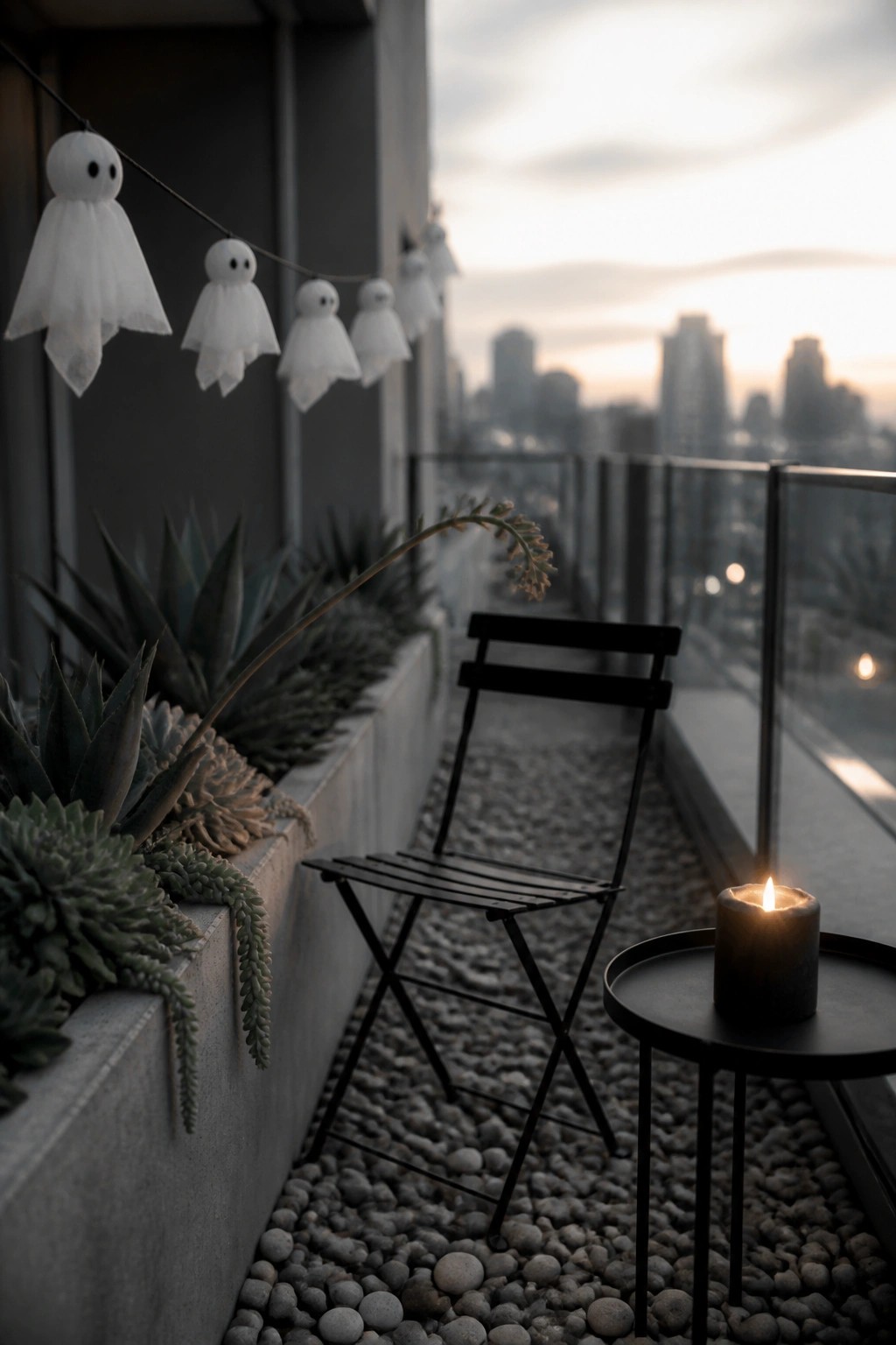 A balcony at dusk with white ghost-shaped string lights, a black folding chair, a lit candle on a small table, and potted succulents along a concrete planter overlooking a city skyline.