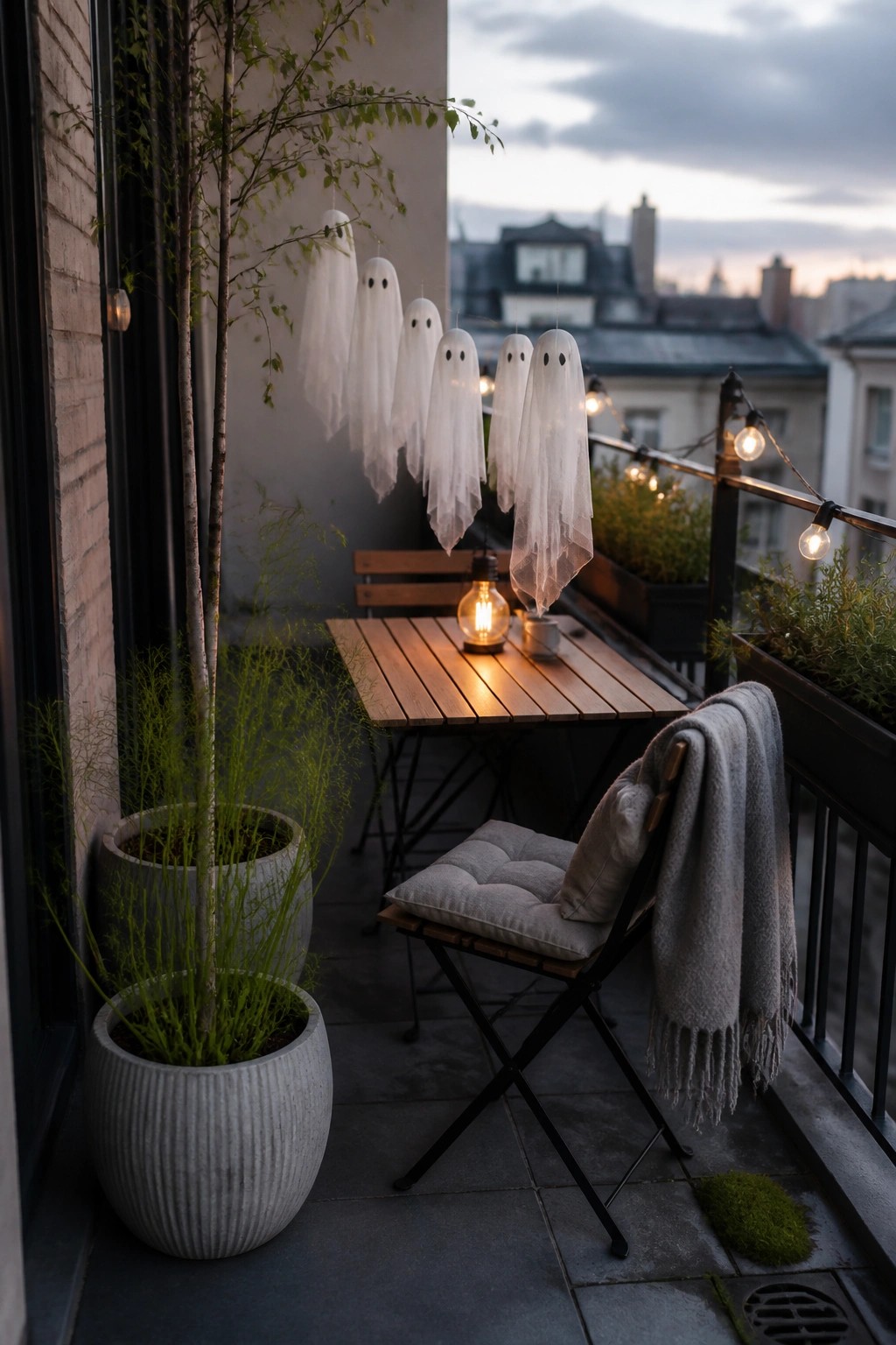 A balcony with a wooden table and folding chair, potted plants, string lights, and several white sheet ghosts hanging from a tree branch.