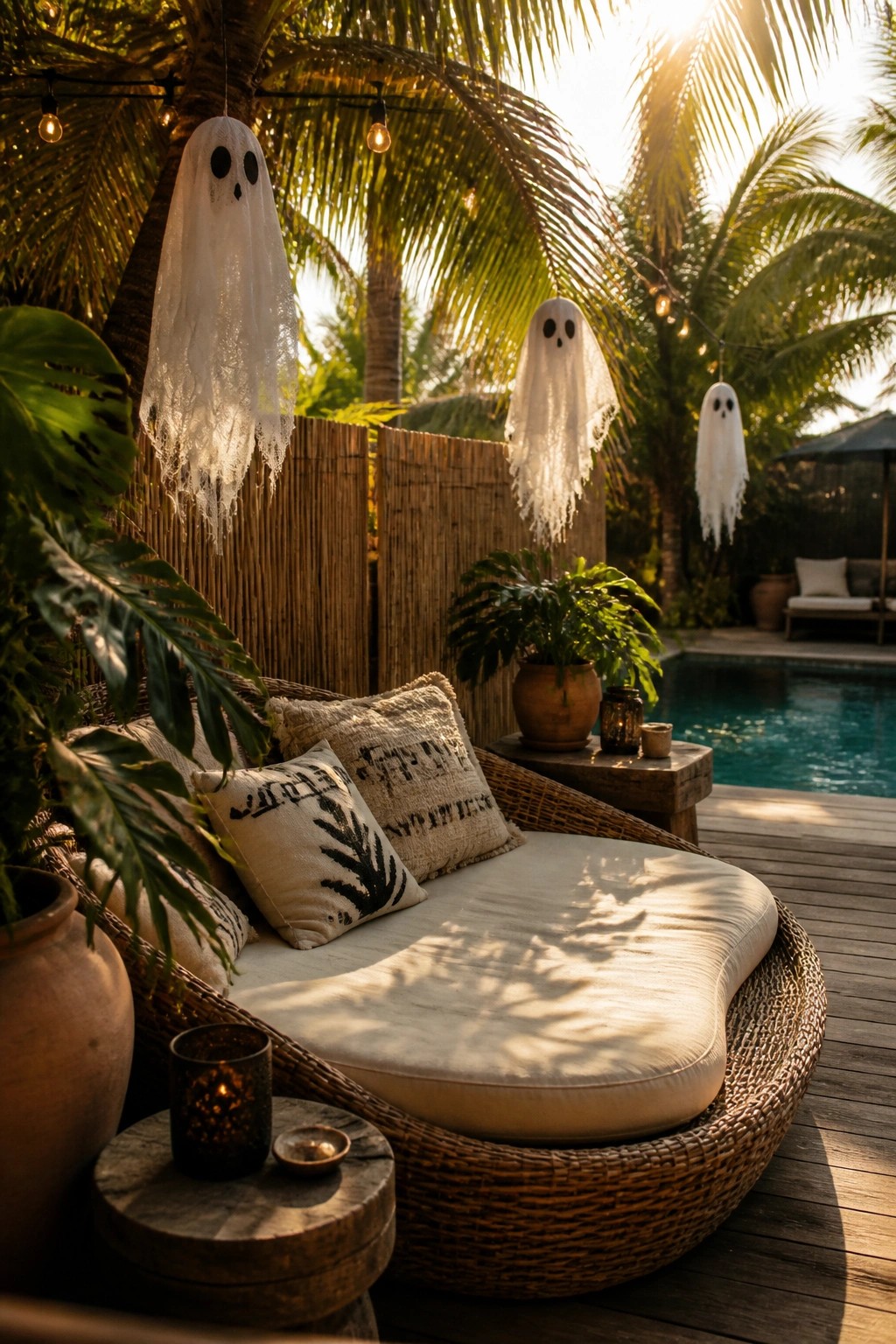 Outdoor patio seating area with woven lounge chair, hanging ghost decorations from trees and string lights, potted plants, wooden deck, and swimming pool in the background.