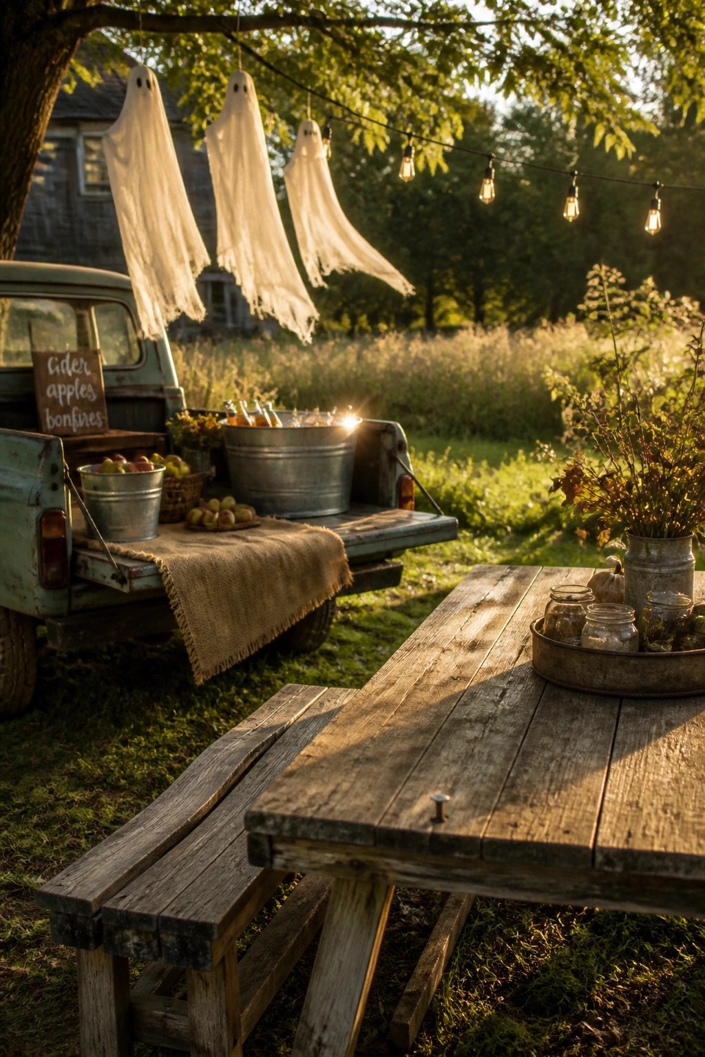 White sheet ghosts hang from a line above a wooden picnic table and vintage truck displaying apples and drinks in a grassy backyard.