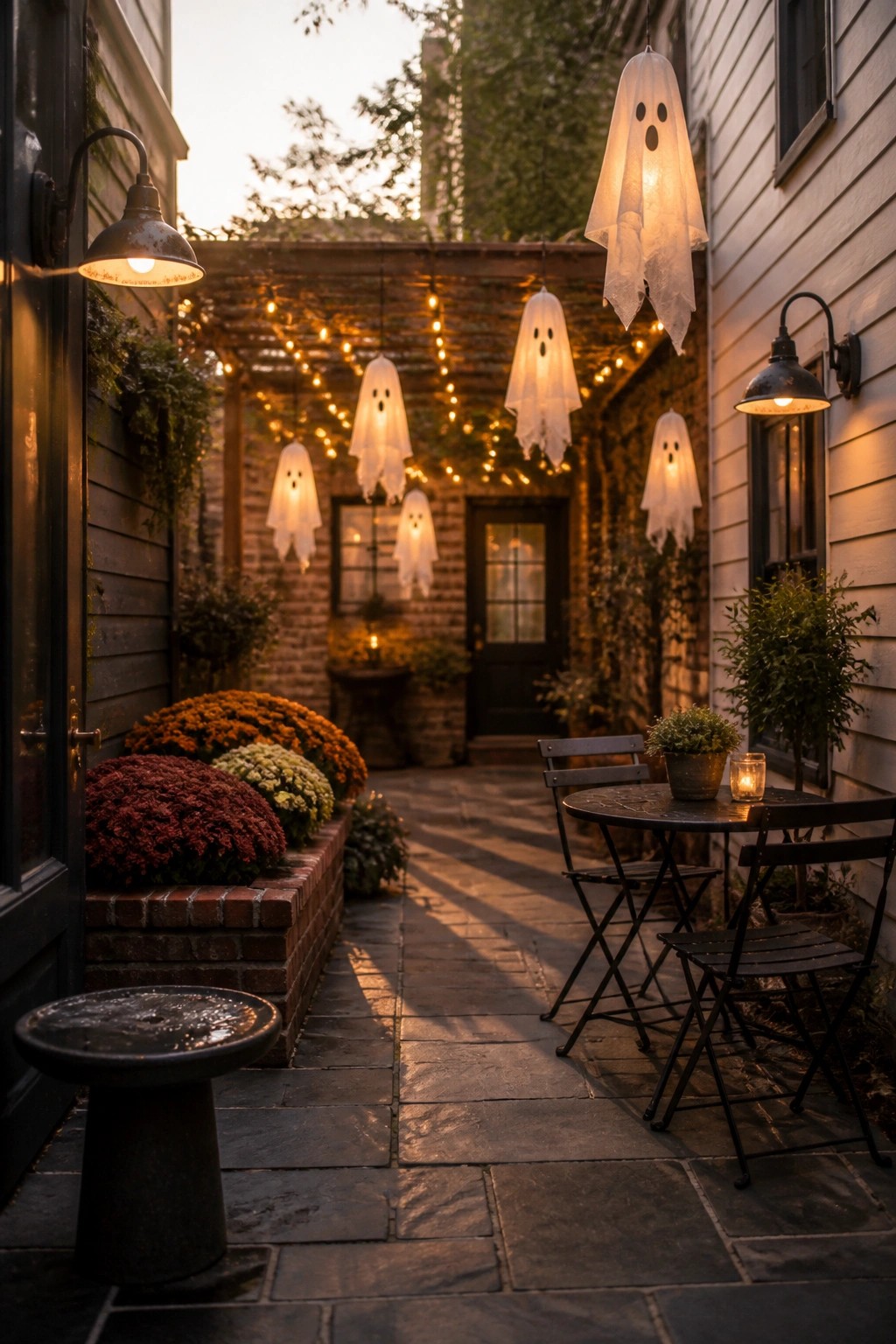 A narrow stone courtyard at dusk with multiple glowing ghost lanterns hanging from a wooden pergola strung with warm string lights, a small metal table and chairs in the foreground, and potted plants along the brick walls.