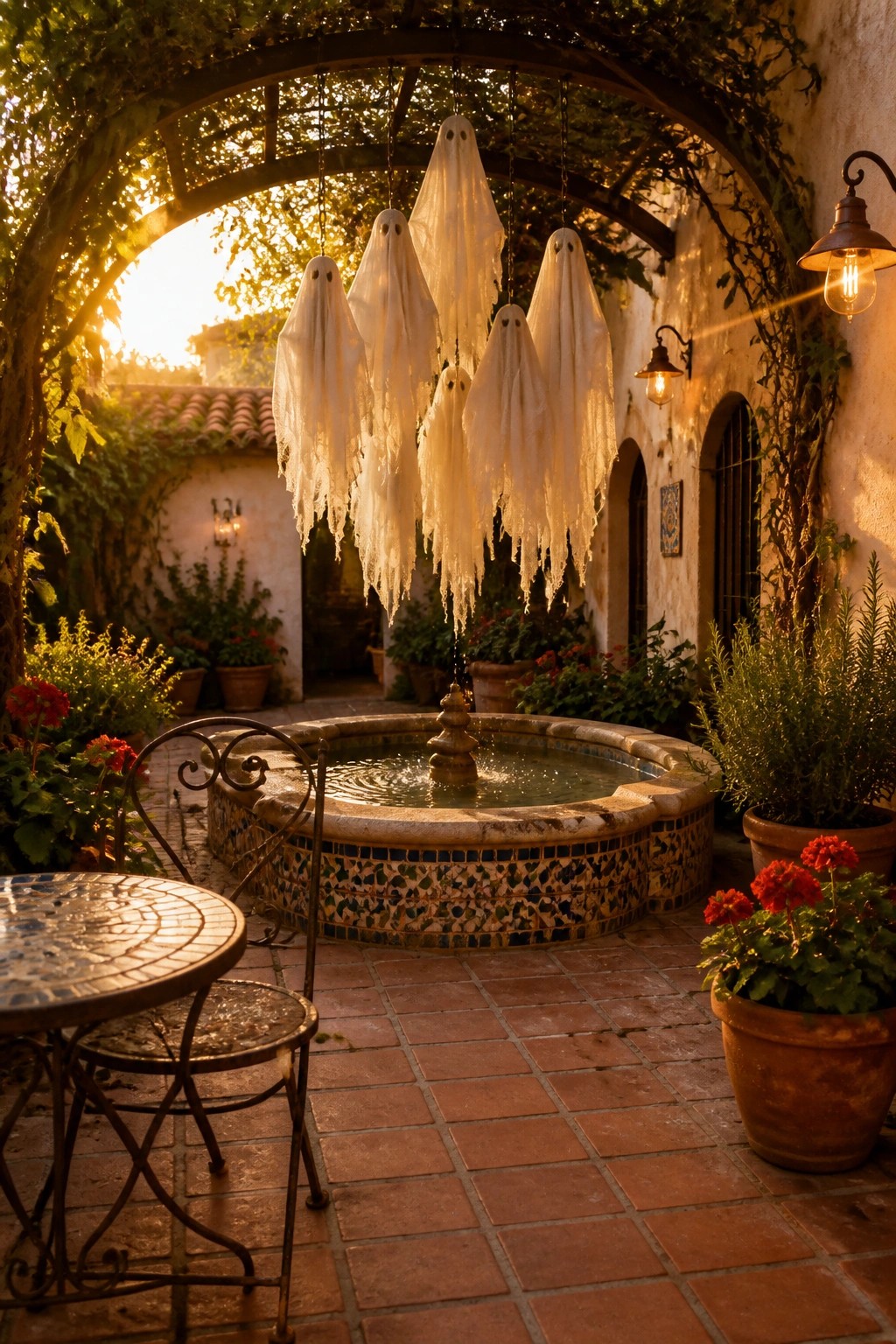 Several white ghost figures hanging from chains beneath a vine-covered arch over a tiled courtyard fountain with potted plants and a small table nearby.