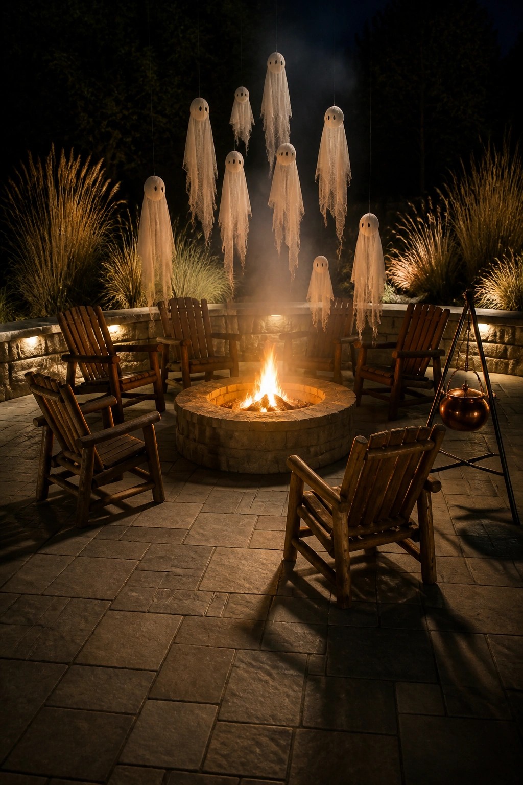 A nighttime view of a circular stone fire pit surrounded by wooden Adirondack chairs, with multiple white ghost figures hanging from strings above the flames.