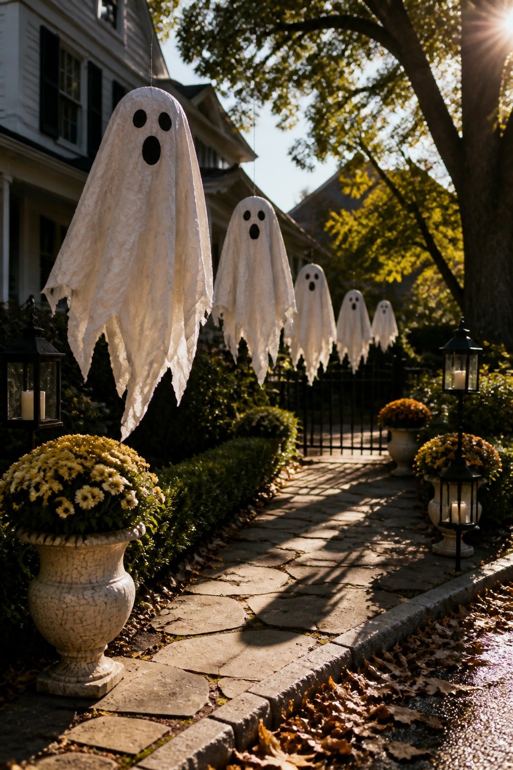 A stone walkway lined with several white sheet-style ghost figures hanging at different heights, flanked by lanterns and potted yellow flowers.