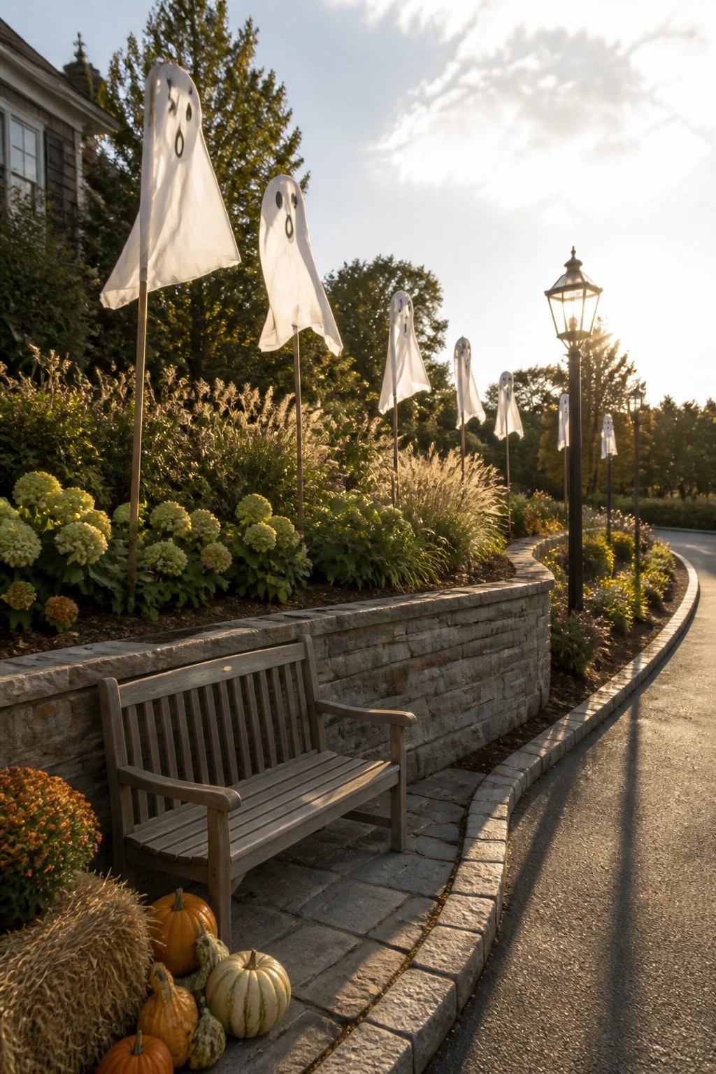 A curved stone retaining wall borders a garden path lined with multiple white ghost figures on tall stakes, with pumpkins and a wooden bench in the foreground.