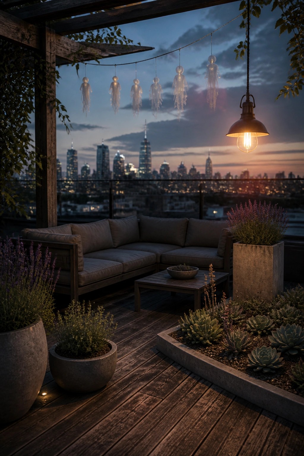 A rooftop patio at dusk shows a wooden sectional sofa, potted plants, a coffee table, and several translucent ghost figures hanging from a string beneath a wooden pergola overlooking a city skyline.