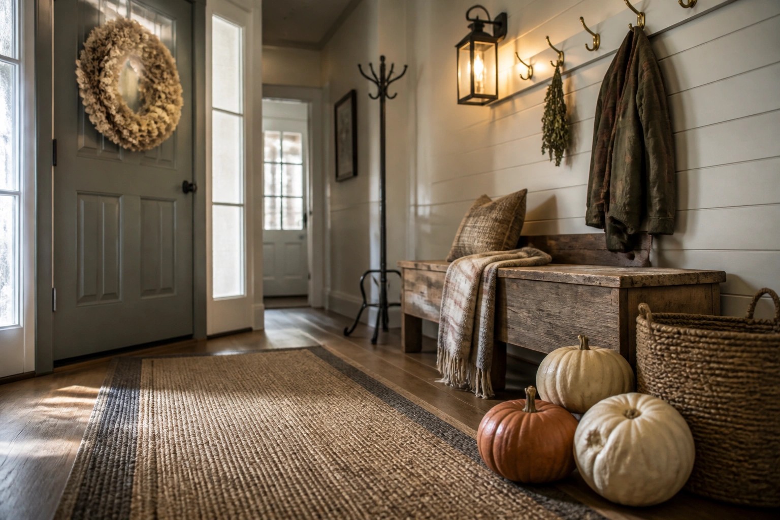A wooden storage bench sits in a home entryway beside a jute rug, with stacked pumpkins on the floor and coats and bags hanging on wall hooks.