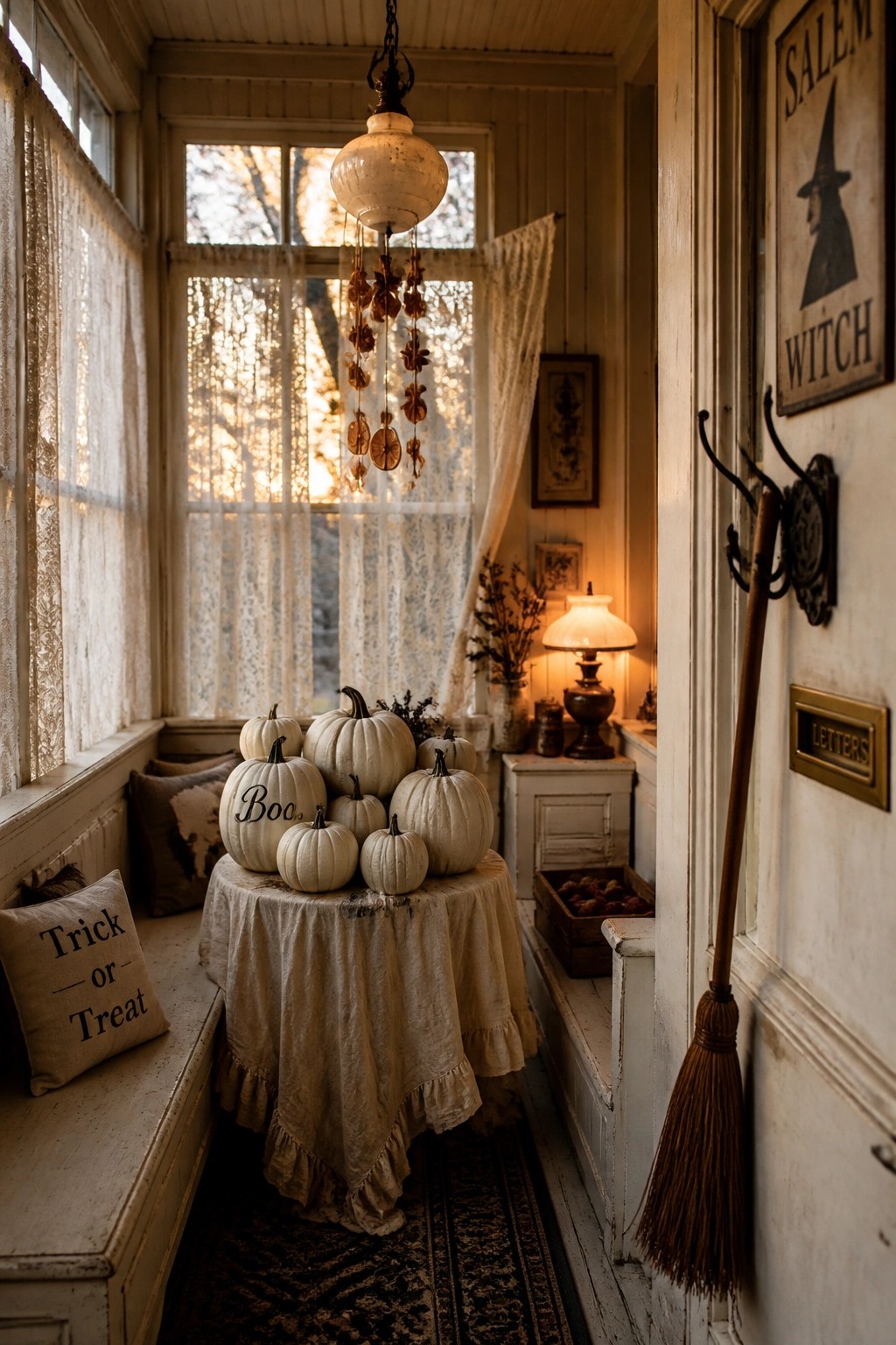 An enclosed entryway with white pumpkins arranged on a cloth-covered table, a broom leaning by the door, and lace curtains on the windows.