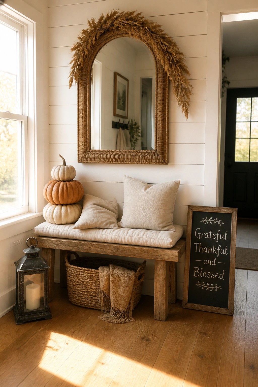 Cozy fall entryway with wooden bench, stacked pumpkins, woven mirror, and chalkboard sign