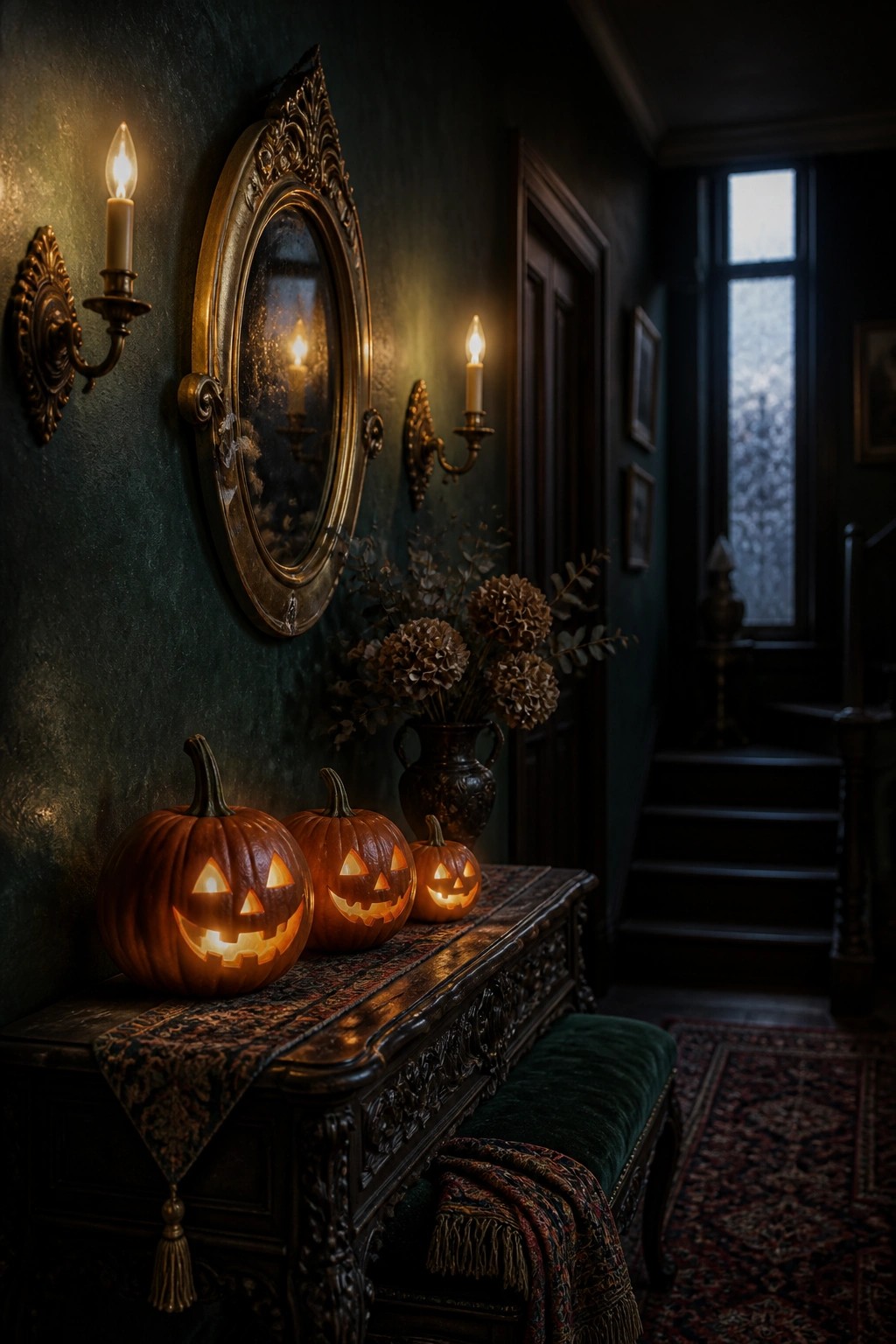 A dark wooden console table in a dimly lit hallway holds three glowing carved pumpkins beside a vase of dried flowers, with an ornate mirror and wall sconces above.