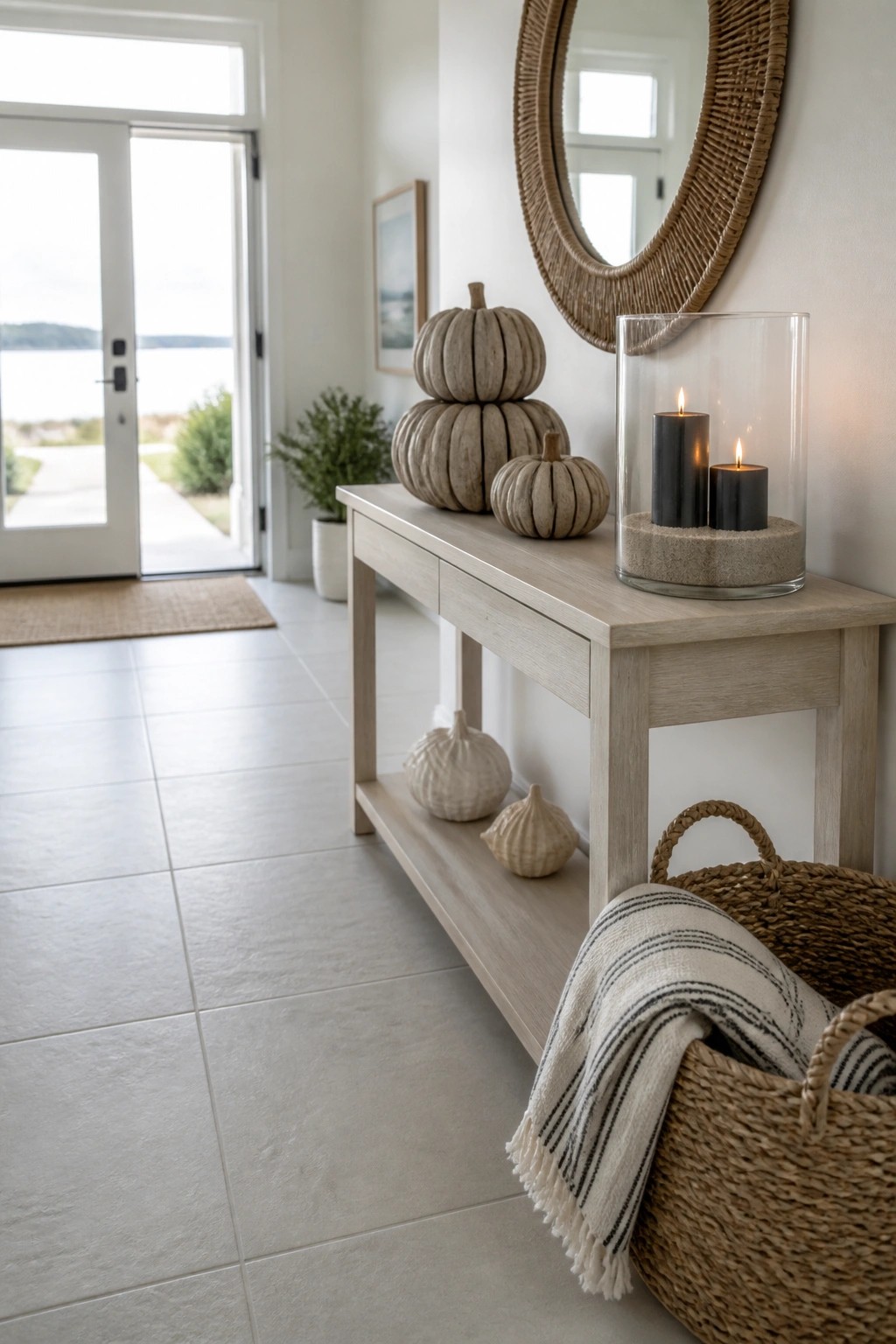 A light wood console table in a tiled entryway holds stacked wooden pumpkins and a glass hurricane with two lit black candles, with additional small pumpkins on the lower shelf and woven baskets on the floor.