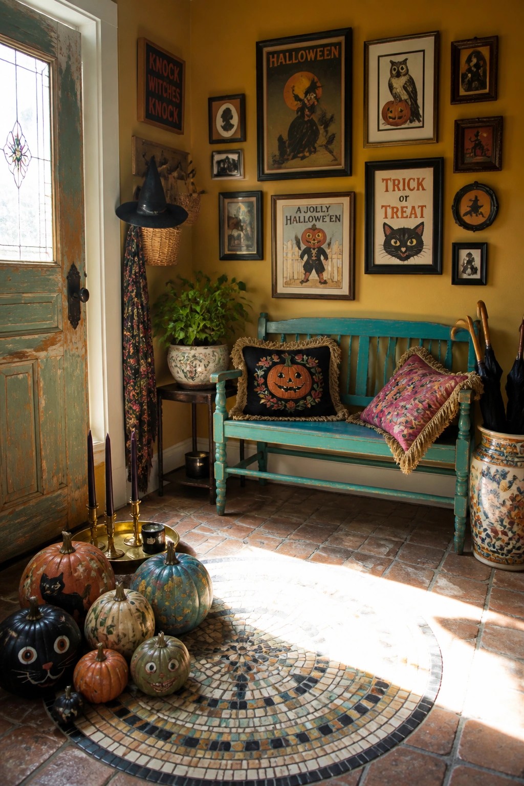 An entryway with a turquoise bench against a yellow wall filled with framed vintage Halloween posters and signs, plus pumpkins on the floor near a green door.