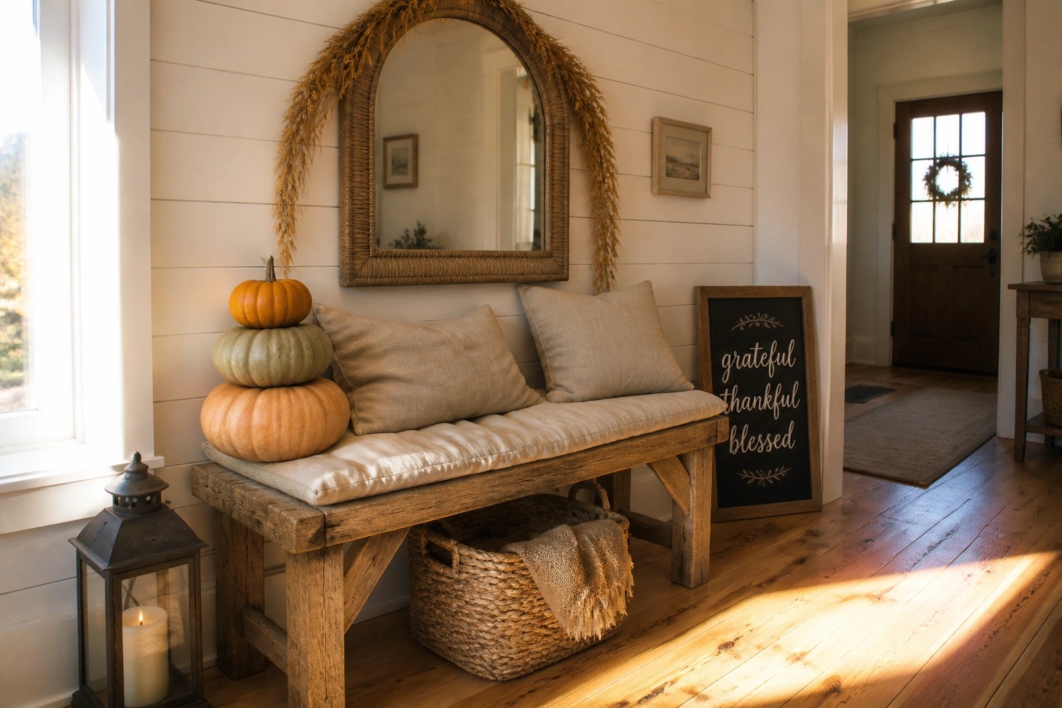 Cozy fall entryway with wooden bench, stacked pumpkins, woven mirror, and chalkboard sign