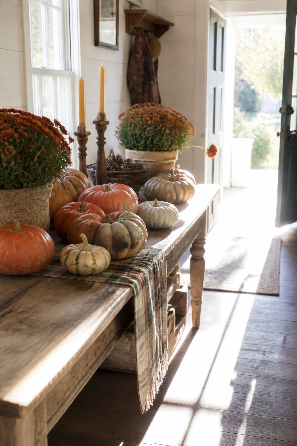 A wooden console table in a bright entryway holds assorted pumpkins, two potted chrysanthemums, and three lit candles.