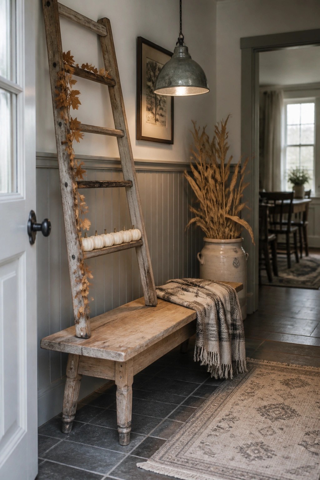 A weathered wooden ladder with dried leaves and small white pumpkins on its rungs leans against a wall next to a wooden bench in a gray-paneled entryway.