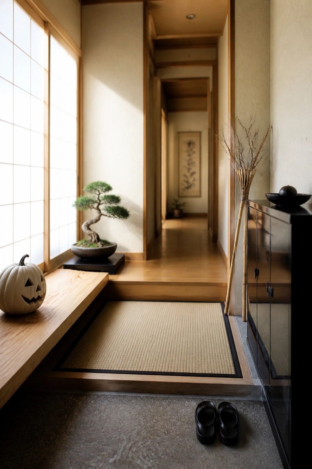 A Japanese-style interior entryway featuring a carved white pumpkin on a wooden ledge beside a shoji window, with a bonsai tree, tatami mat, and pair of black shoes on the floor.