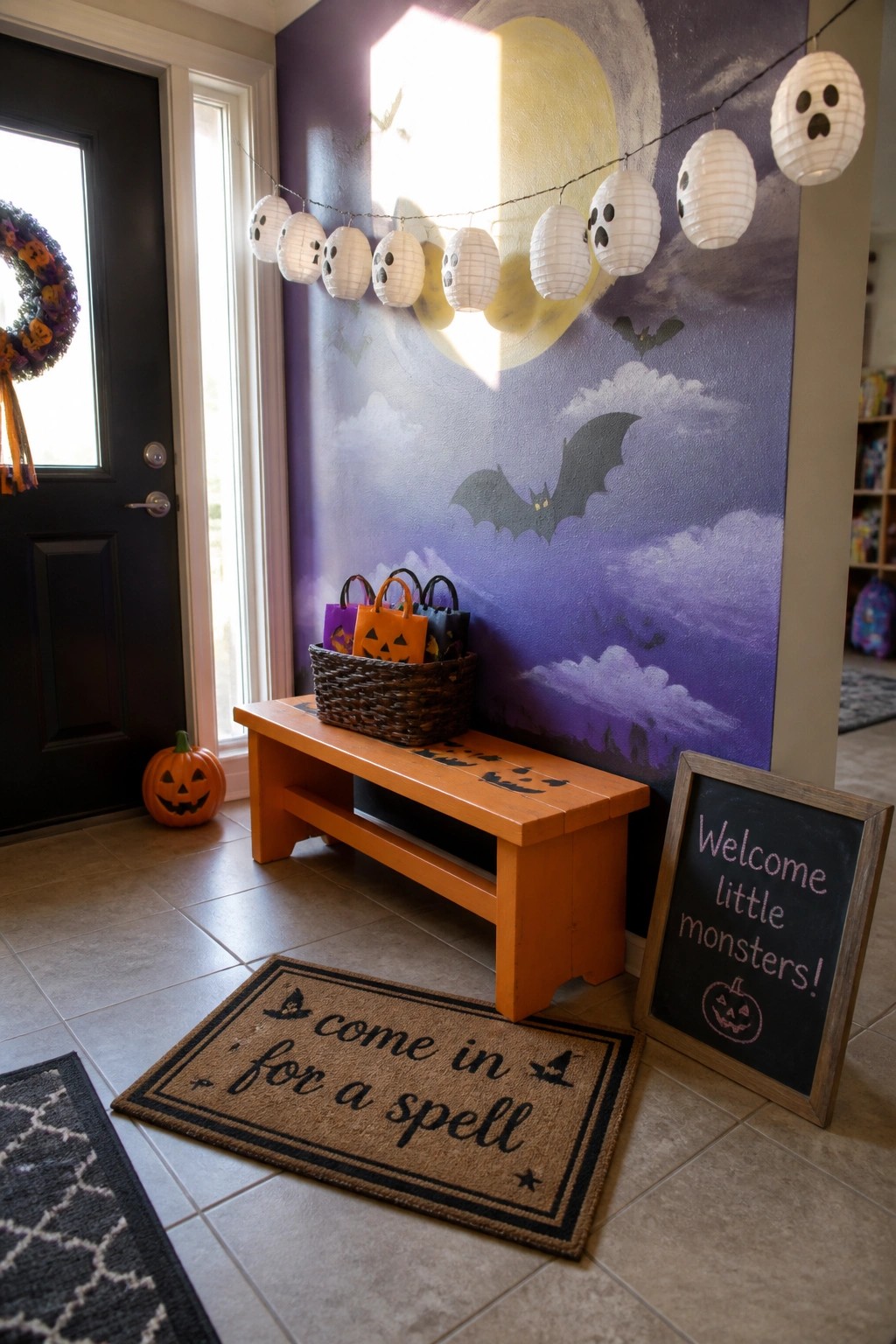 An indoor entryway with a large painted mural of a yellow moon, clouds, and bats on a purple wall, a wooden bench holding a basket, paper lanterns strung across the wall, a doormat, and a chalkboard sign.