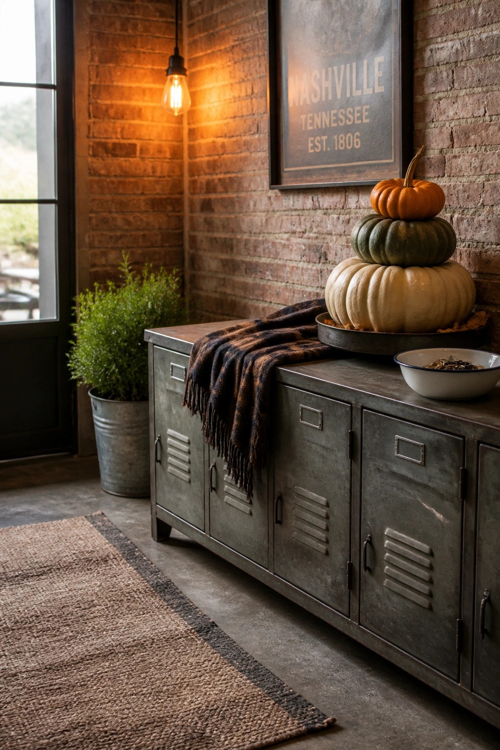 A distressed metal console table against a brick wall holds a stack of three pumpkins in a tray, a plaid throw draped over one side, and a white bowl.