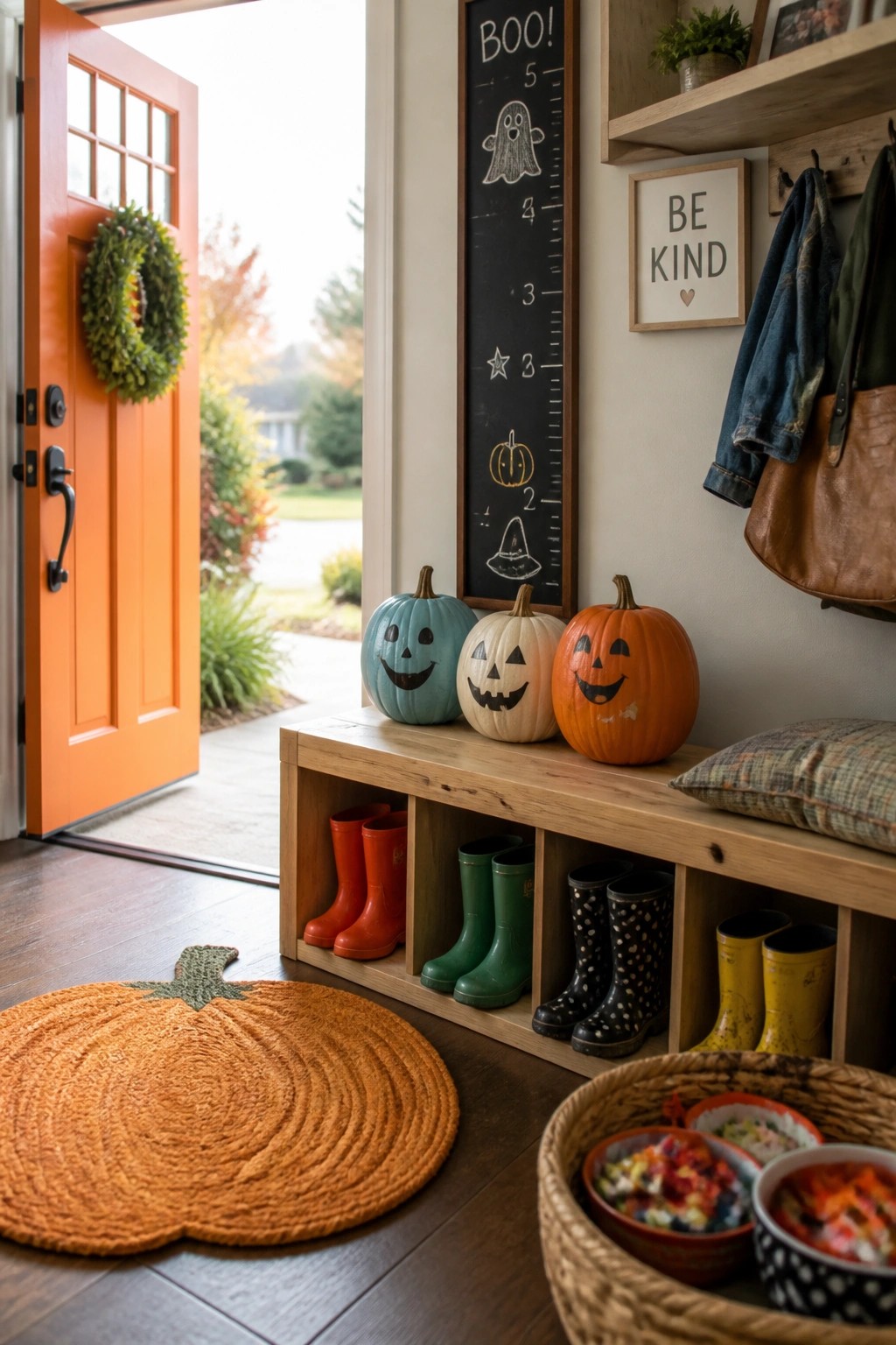 An entryway features a wooden storage bench with colorful rain boots in the cubbies and three jack-o'-lantern pumpkins on top, next to a pumpkin-shaped rug and an open orange door.