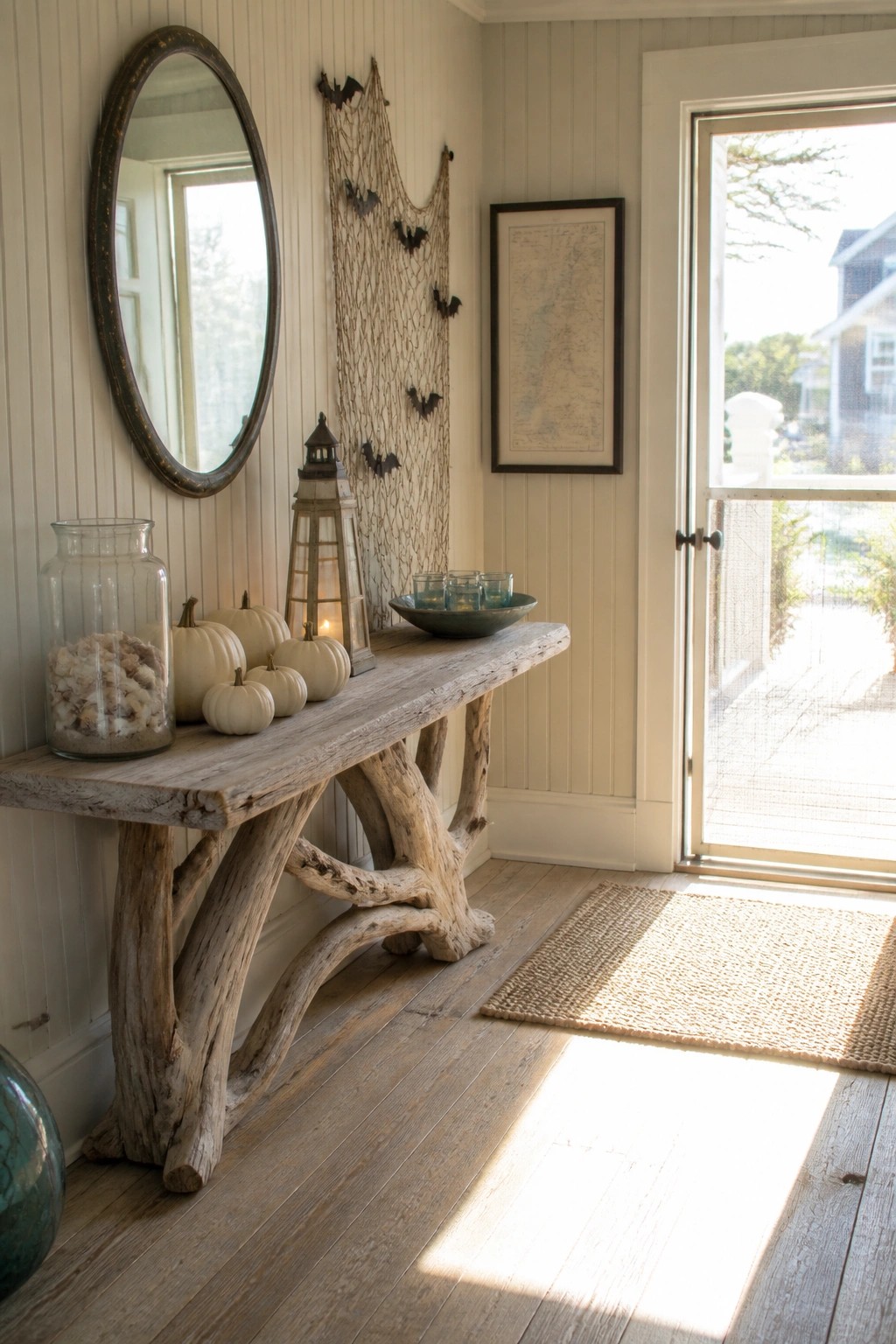 A rustic driftwood console table in a bright entryway holds white pumpkins, a glass jar filled with shells, a lit lantern, and a bowl of glassware, with a round mirror on the wall and a fishing net strung with black bats above the table.