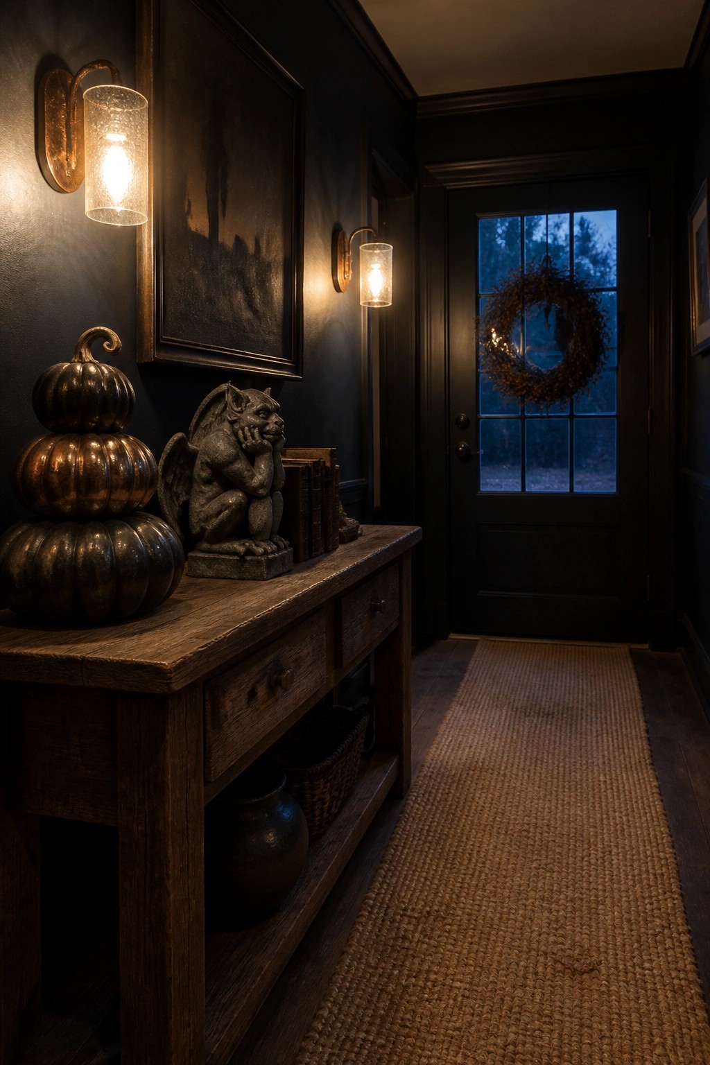 Dark entryway with wooden table holding metallic pumpkins, gargoyle, books, and glowing sconces.