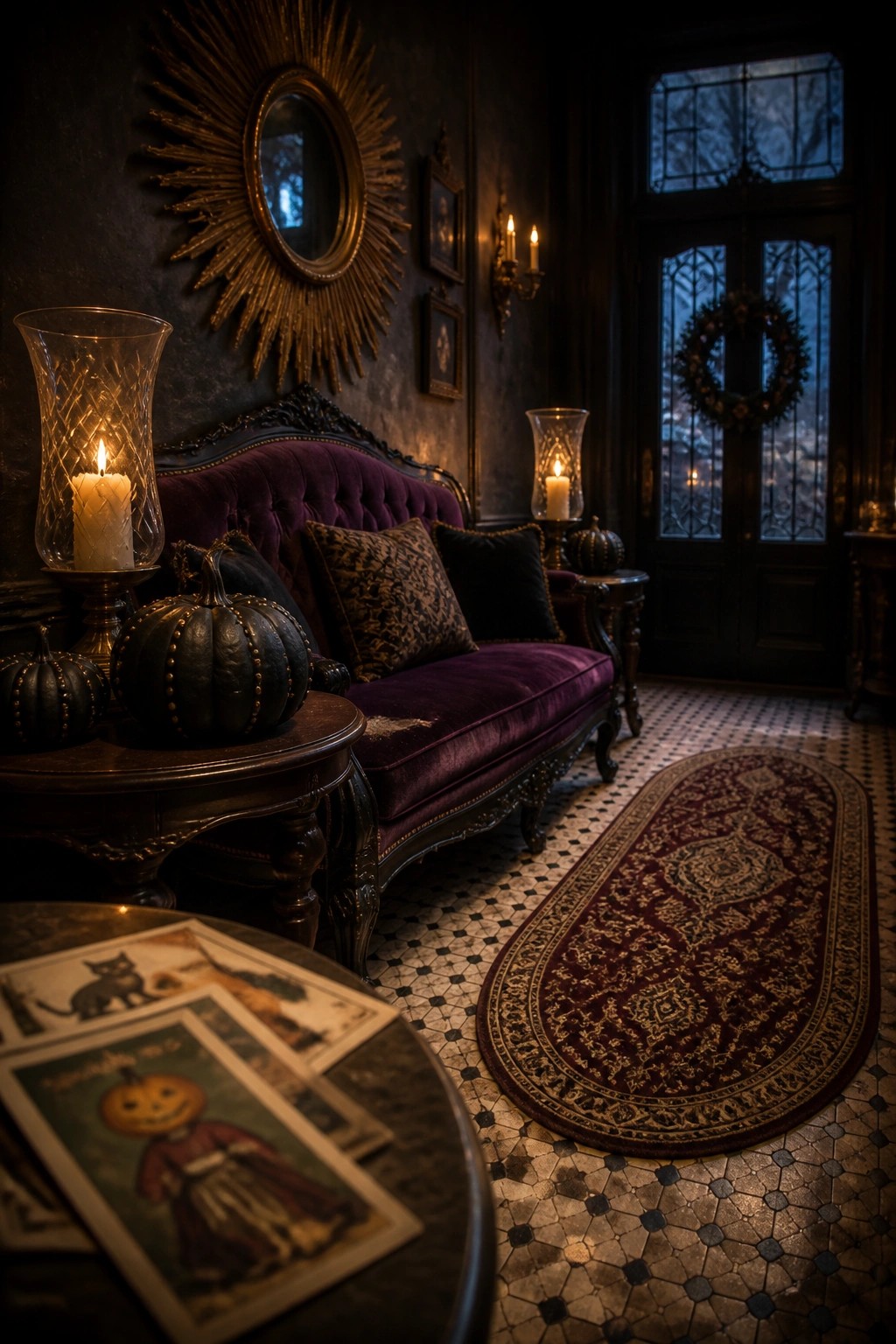 A dimly lit interior entryway shows a purple velvet tufted bench with dark pillows, black decorative pumpkins, lit candles in glass holders on wooden tables, a patterned rug, and vintage Halloween cards in the foreground.
