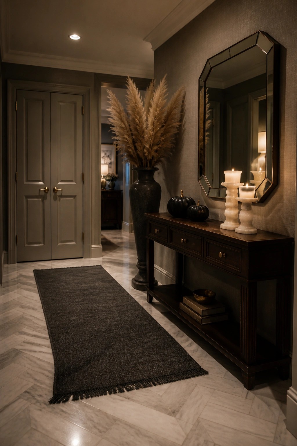 Elegant hallway with dark wood console, lit candles, black pumpkins, and tall pampas grass.