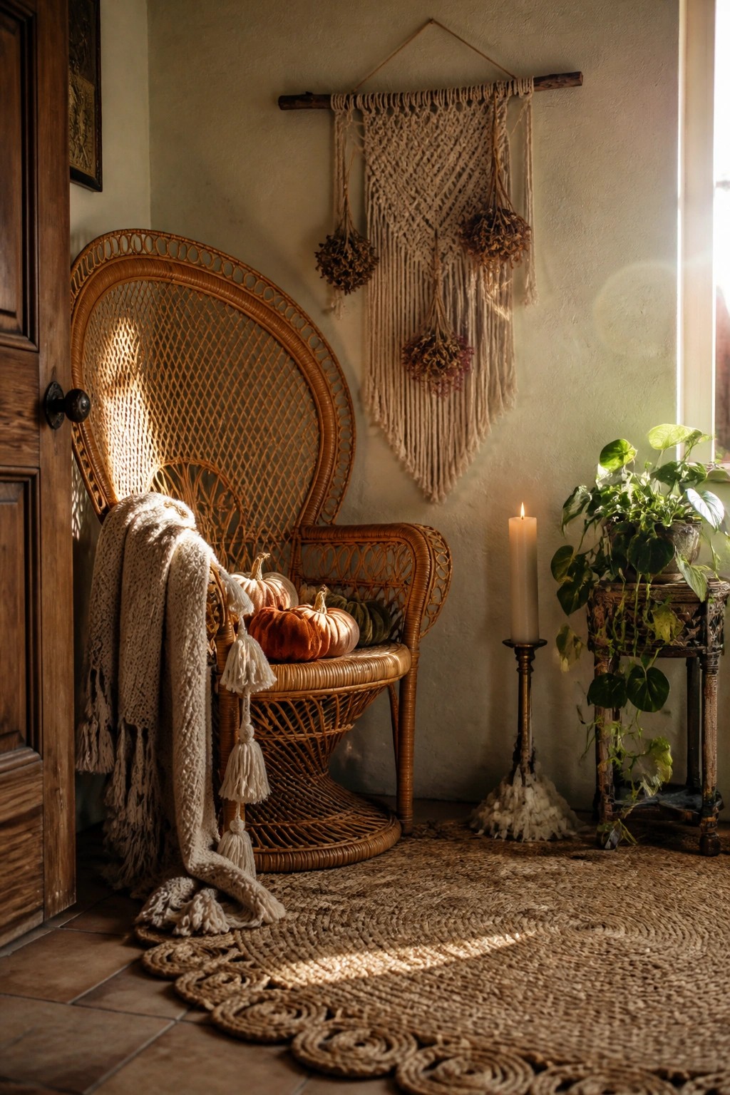 A wicker peacock chair with small pumpkins on the seat sits near a macrame wall hanging and a lit candle in an indoor entryway.