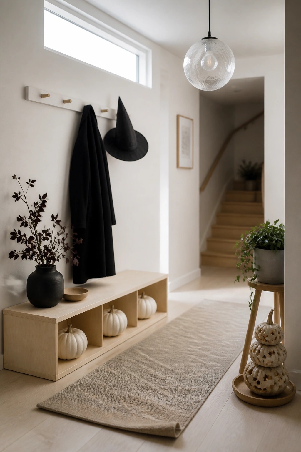 A light wood storage bench with open cubbies holding several white pumpkins sits in a minimalist entryway below a wall-mounted coat rack that holds a black coat and a black witch hat.