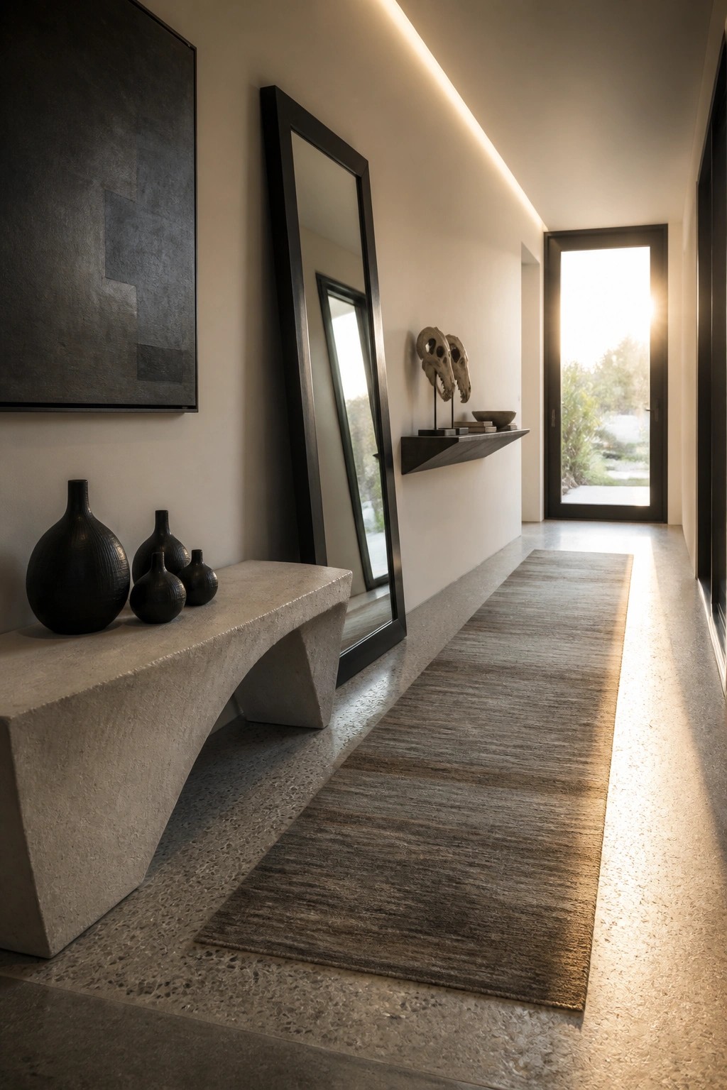 Minimalist hallway with concrete bench, black mirror, floating shelf with skulls, and sunlit door.