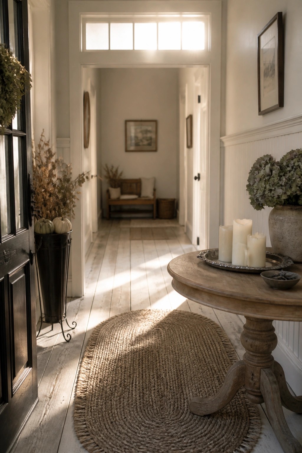A bright interior hallway featuring a woven oval rug, a round wooden table with white candles and a vase of dried flowers, and a metal bucket holding small pumpkins next to an open black door.