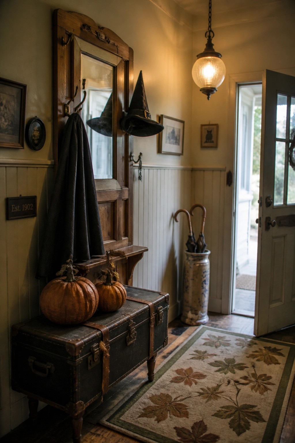 An interior entryway featuring a dark vintage trunk with two orange pumpkins on top, a wall mirror with two black witch hats, and an open door leading outside.