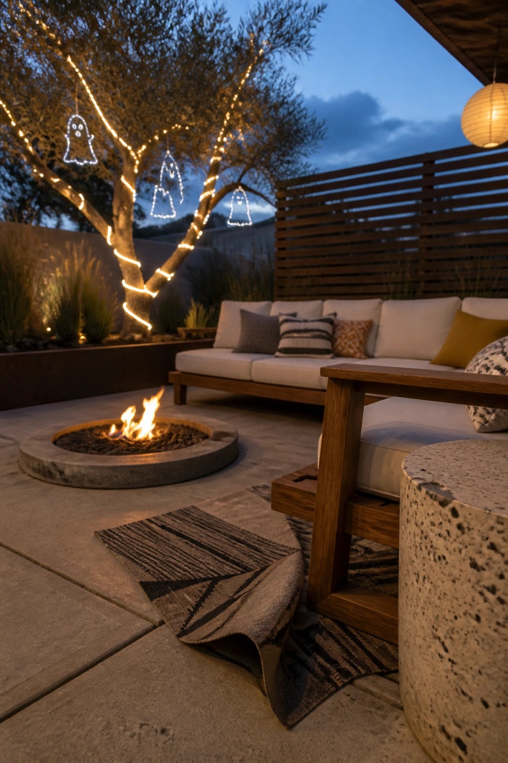 A patio at dusk with a round fire pit, wooden outdoor sofa, and a tree decorated with string lights and hanging ghost figures.