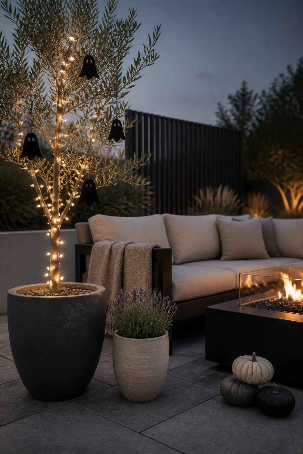 A potted tree wrapped in string lights with black ghost ornaments hanging from the branches, next to an outdoor sofa and fire pit.
