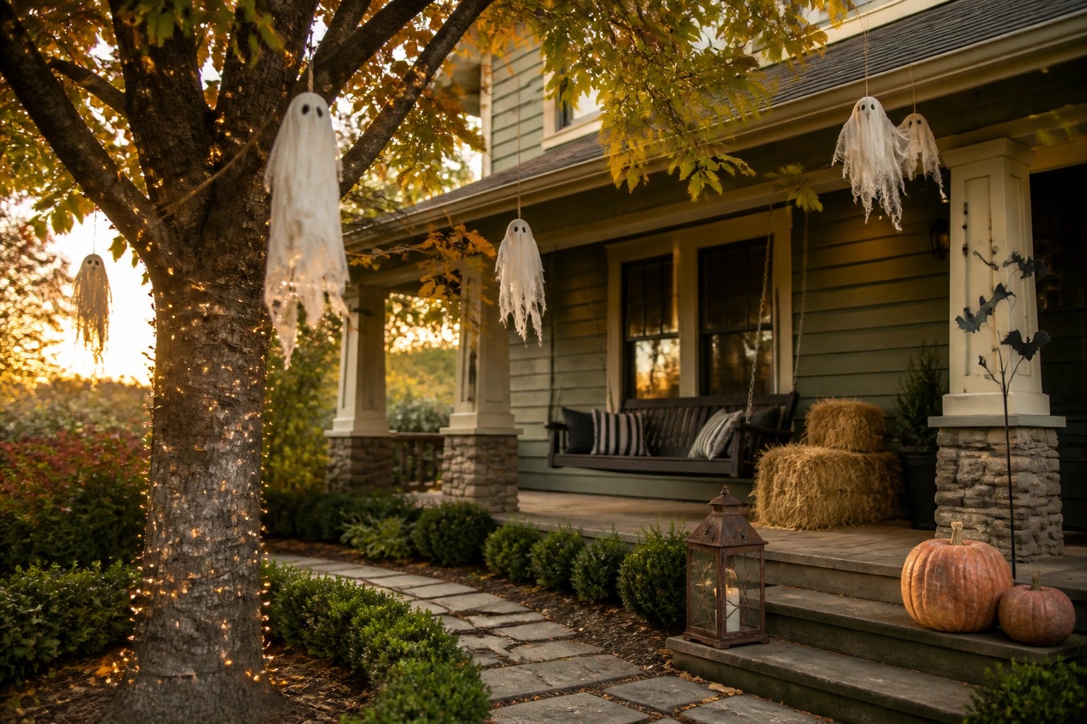 A front yard tree wrapped in string lights with several white ghost figures hanging from the branches, next to a house porch with pumpkins and hay bales.