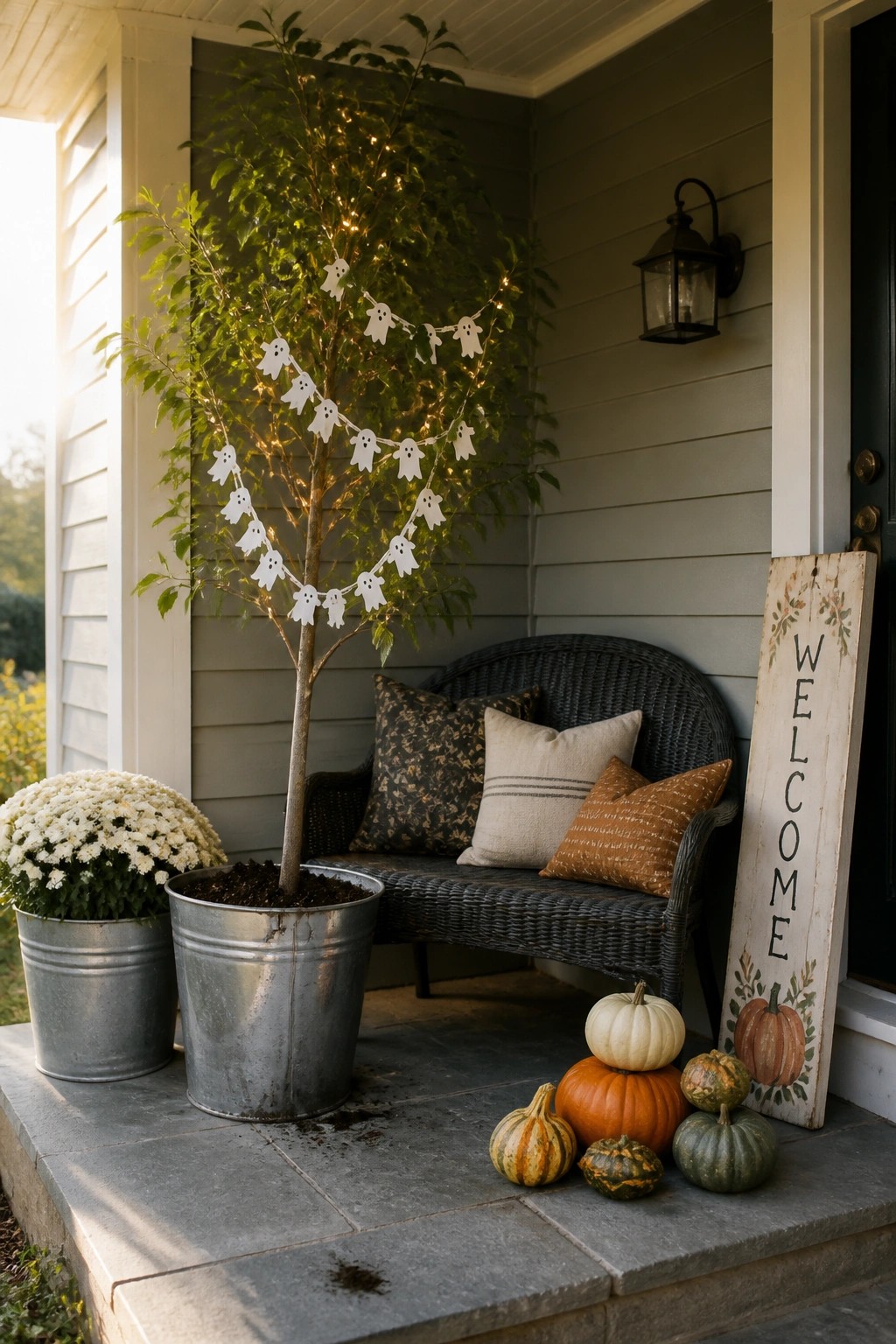 Autumn porch with ghost-lit tree, wicker bench, pumpkins, and welcome sign