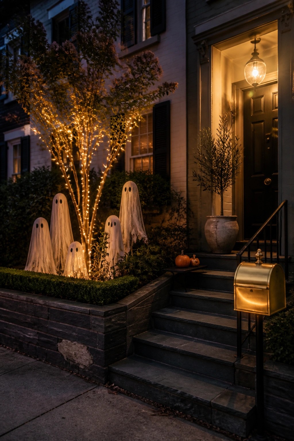 A front yard at dusk with ghost figures placed in a garden bed under a tree wrapped in string lights, next to house steps with small pumpkins.