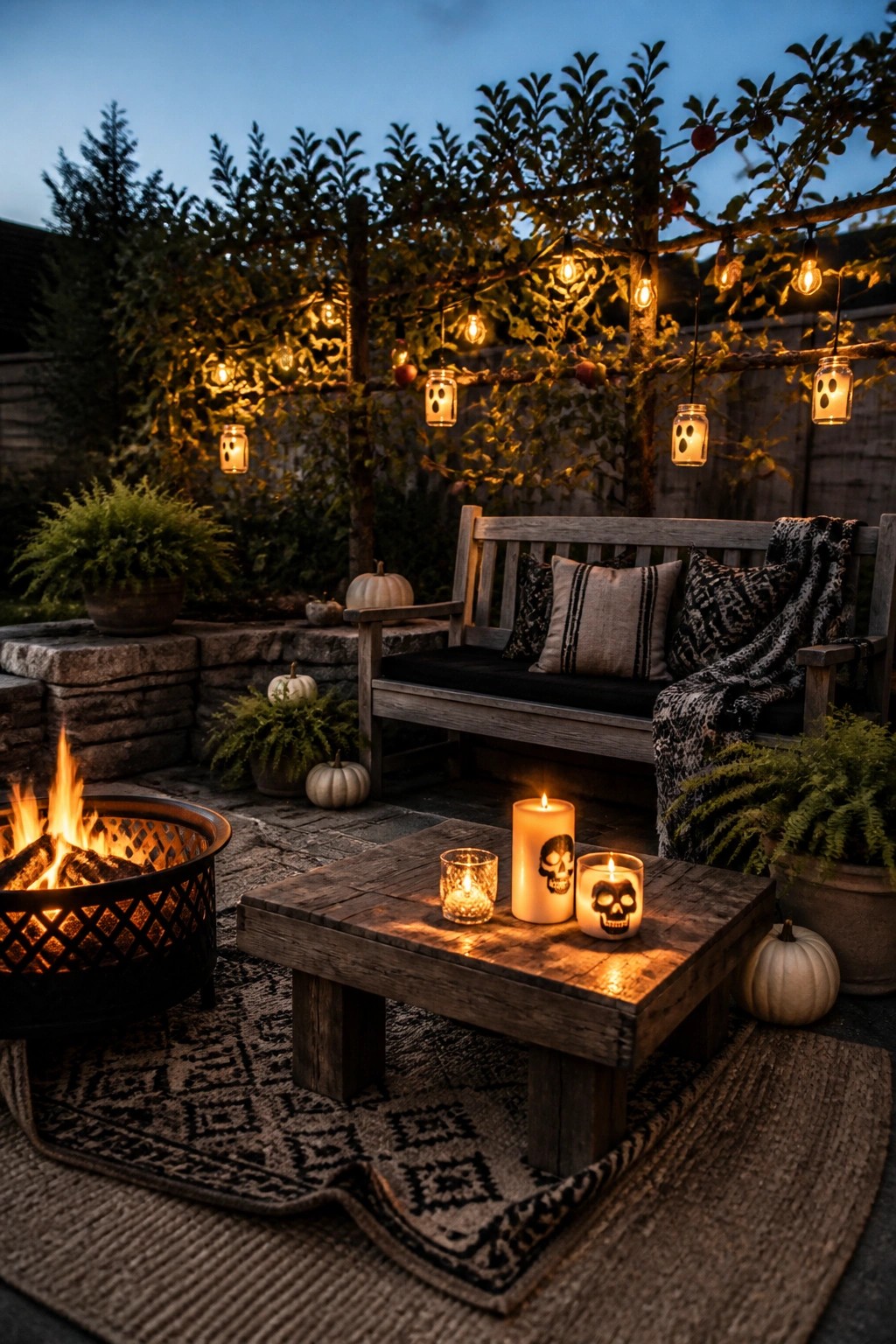 An outdoor patio at dusk features string lights with hanging mason jars painted as ghosts, positioned above a wooden bench, coffee table with skull candles, and a fire pit.