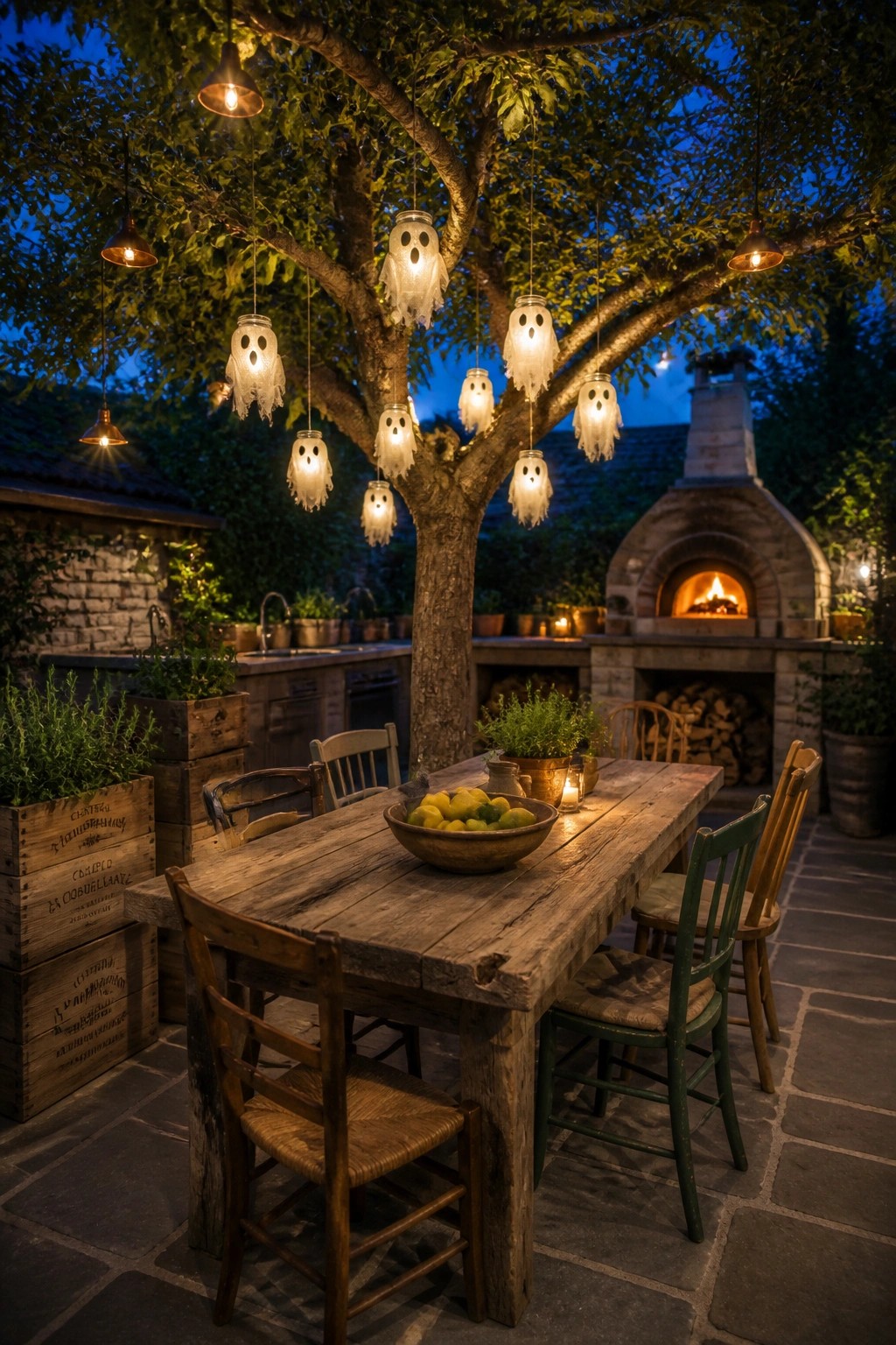 An outdoor wooden dining table under a large tree decorated with glowing ghost-shaped lights in jars at dusk.