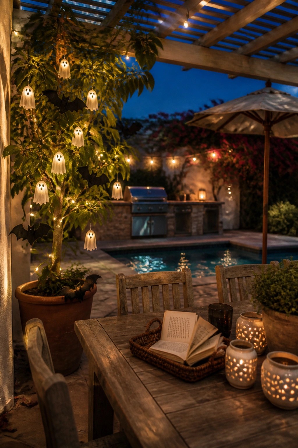 Twilight patio with ghost lights on tree, wooden table, open book, and pool