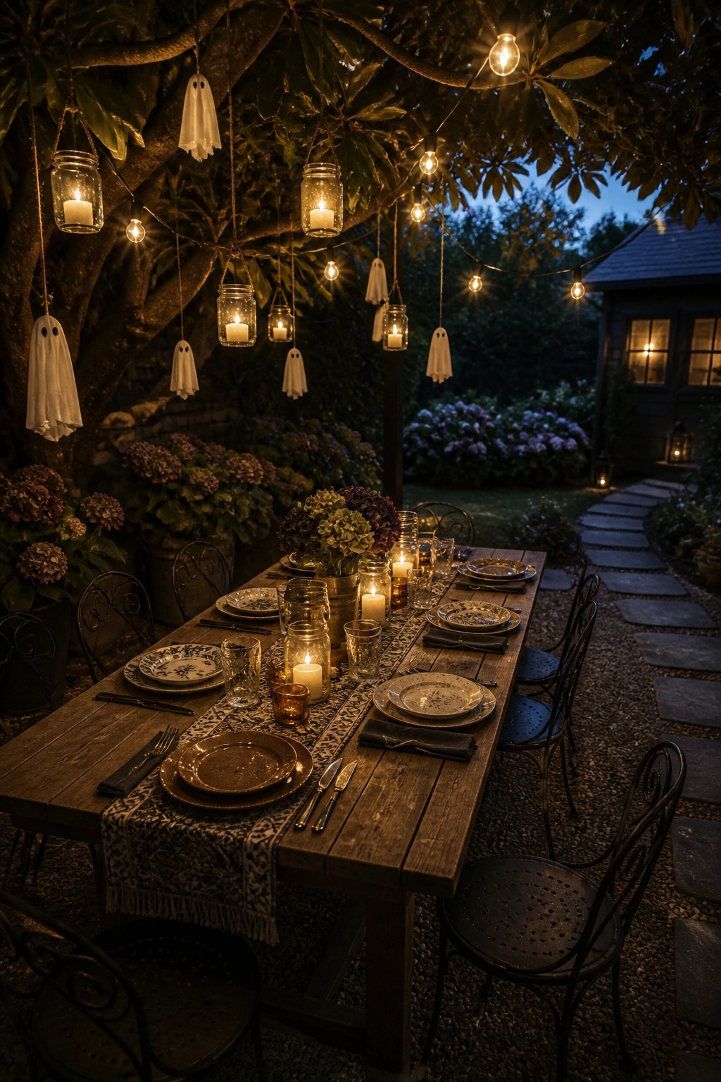 Nighttime garden table with mason jar candles, ghosts, and string lights.