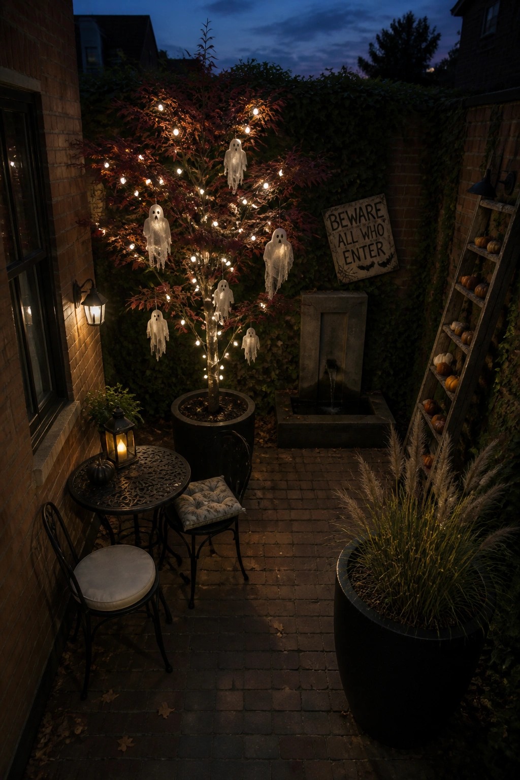 Twilight patio with ghost-lit tree, beware sign, pumpkin ladder, and stone fountain.