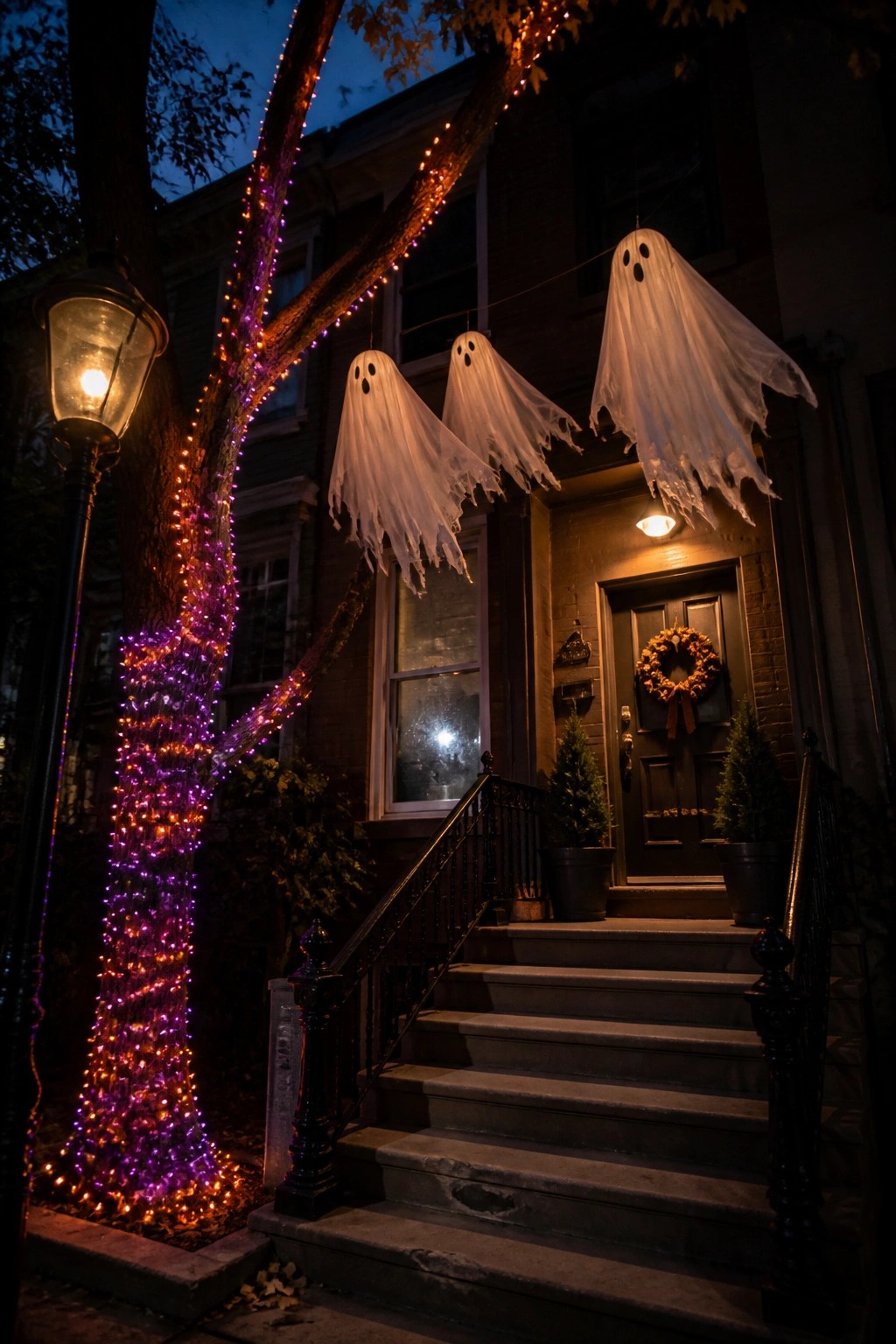Ghostly figures hanging from tree with vibrant purple-orange string lights by brick house