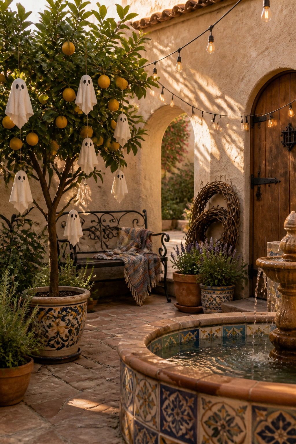 A sunlit courtyard features a large potted citrus tree with several white ghost figures hanging from its branches, string lights overhead, a tiled fountain in the foreground, and a black bench with a blanket.