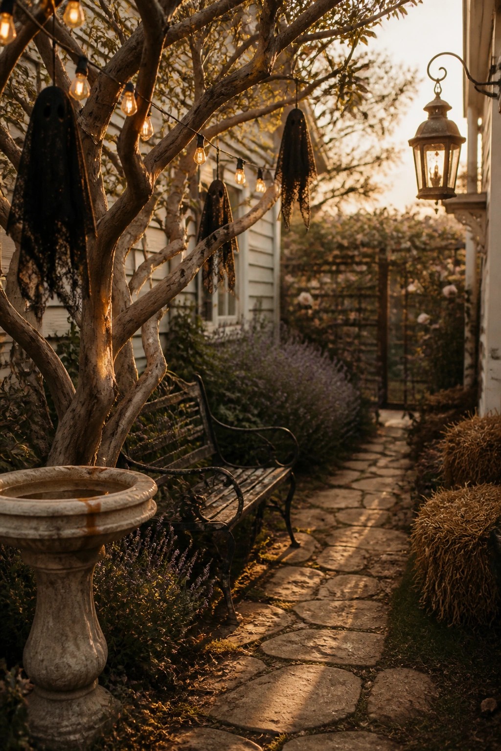 A stone path runs past a tree with black lace ghosts and string lights hanging from its branches, next to a bench and a stone birdbath.